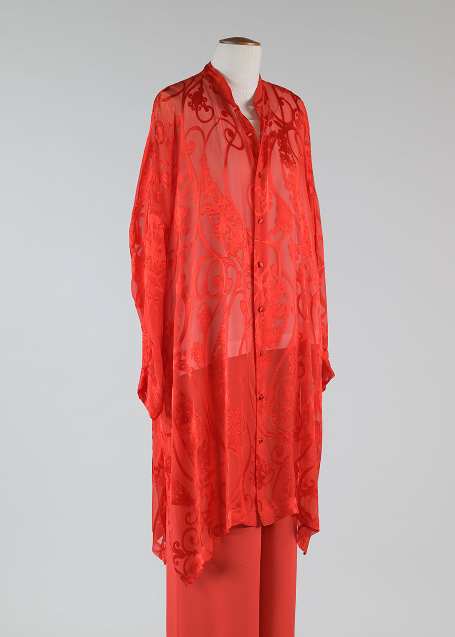 silk mix wide collarlarless shirt - very long with slits