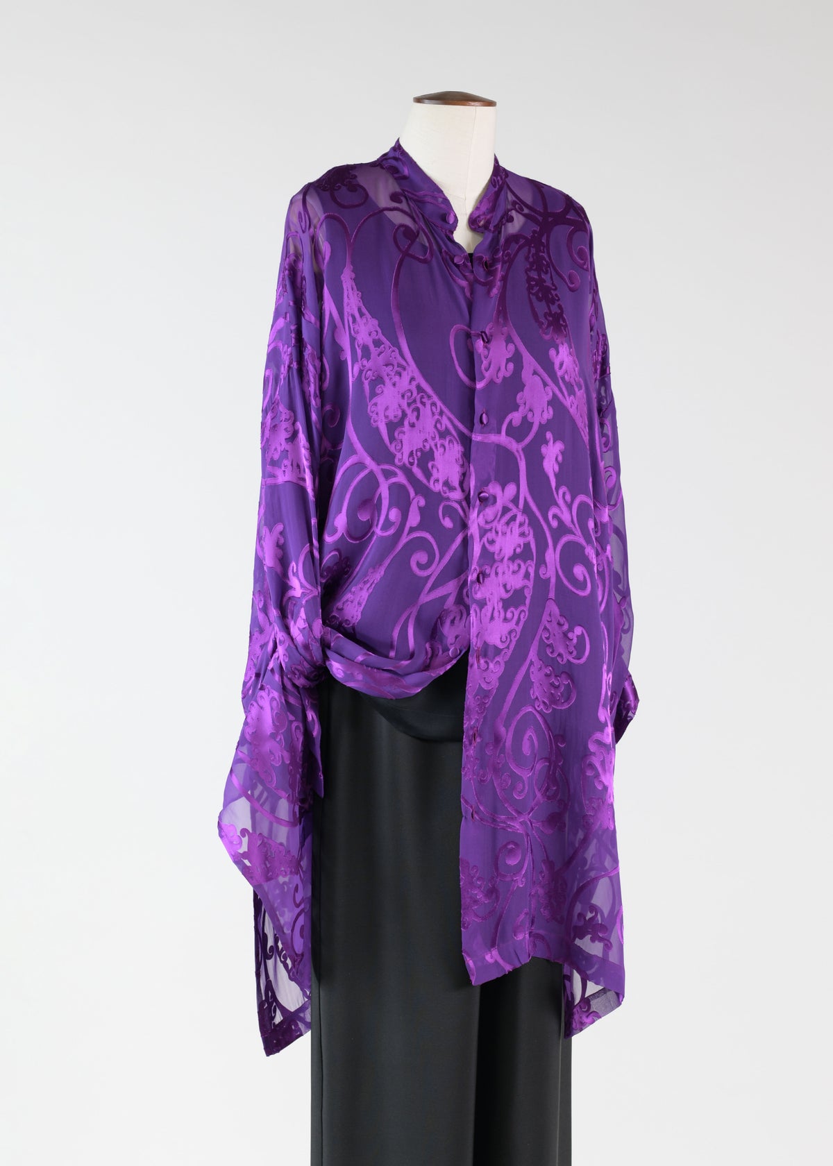 silk mix wide collarlarless shirt - very long with slits