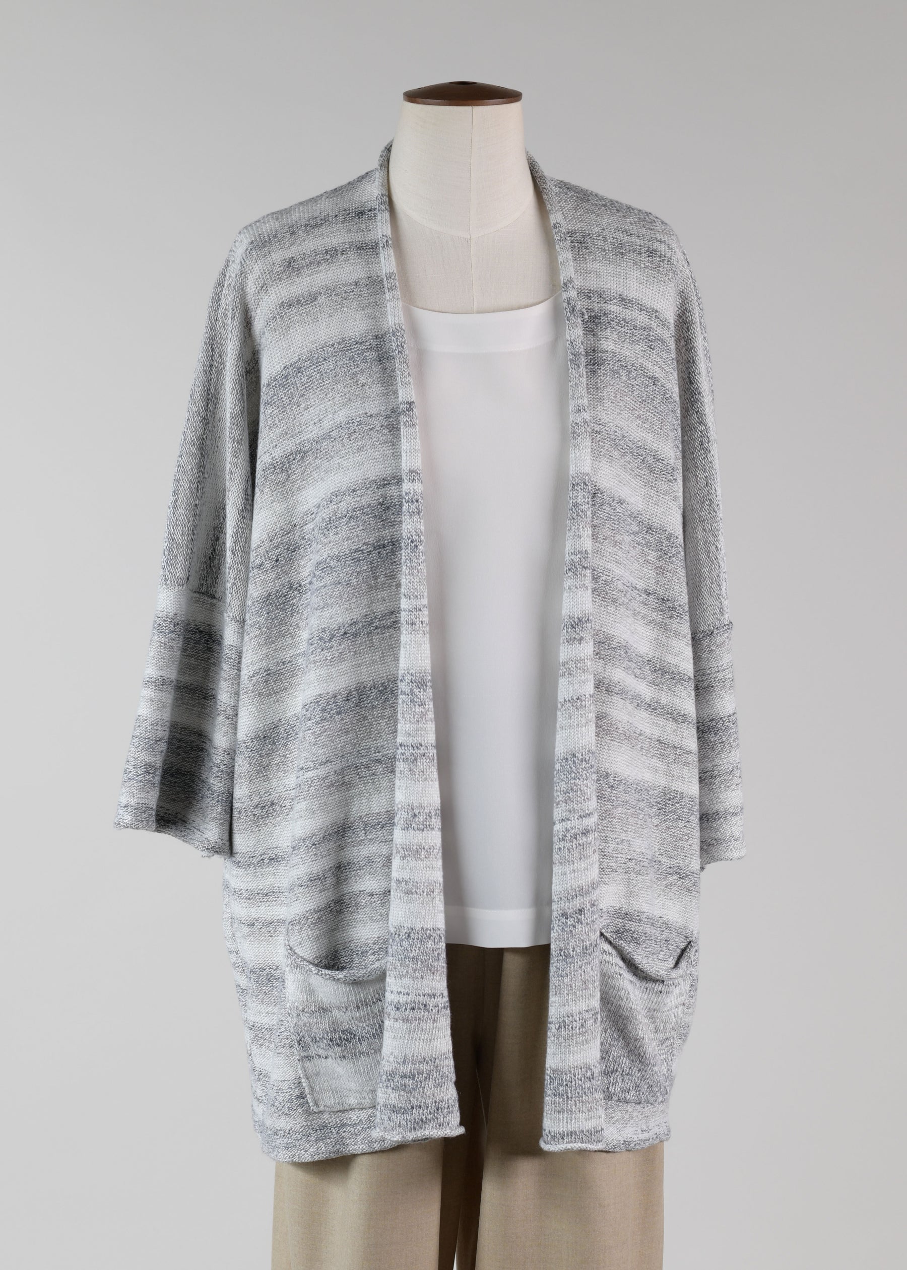 linen silk mix 3/4 sleeve rolling front cardigan - long