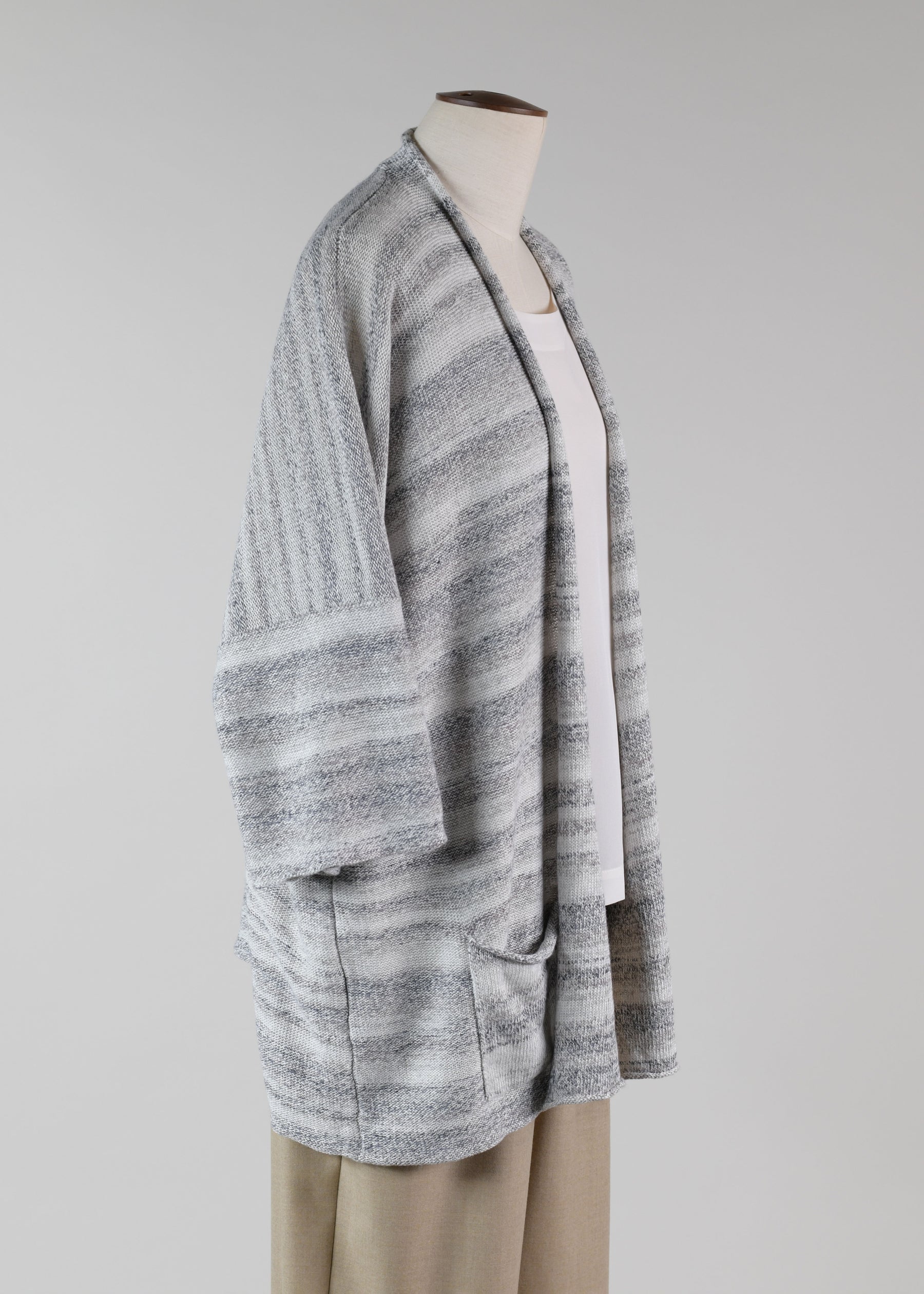 linen silk mix 3/4 sleeve rolling front cardigan - long