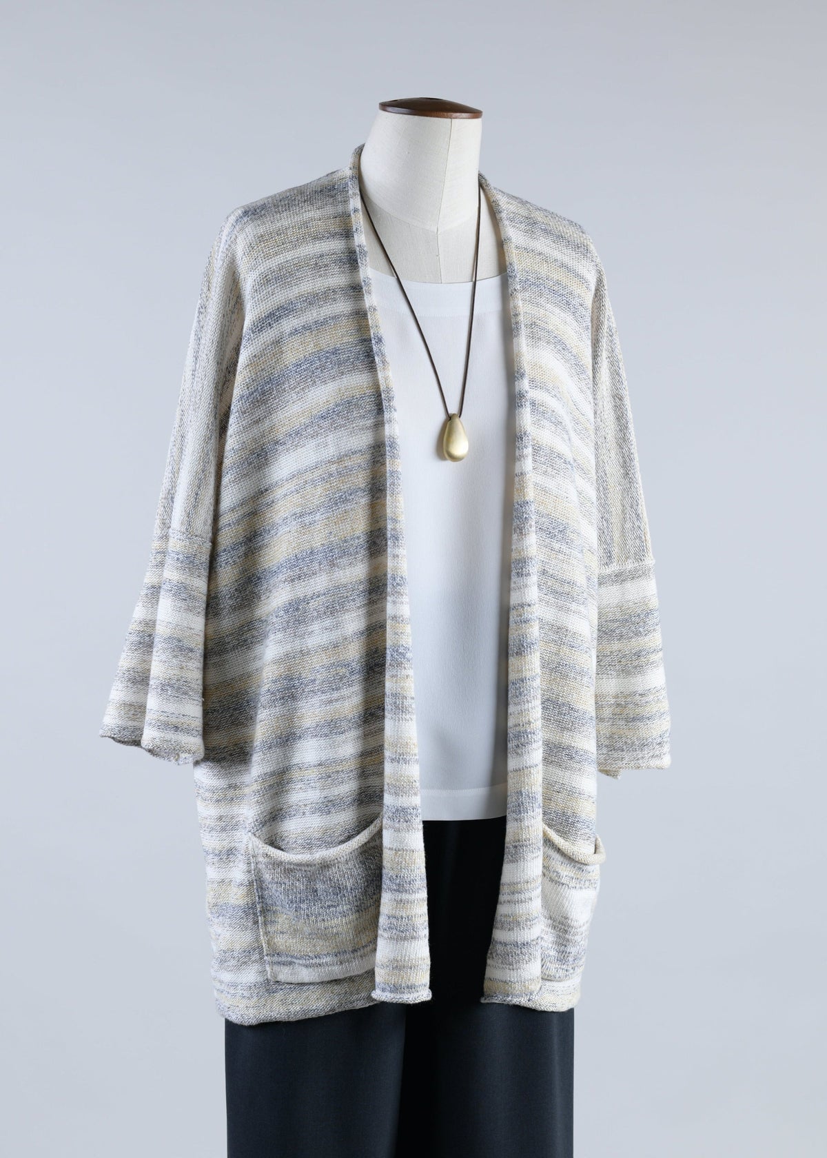 linen silk 3/4 sleeve rolling front cardigan - long (goldmix)