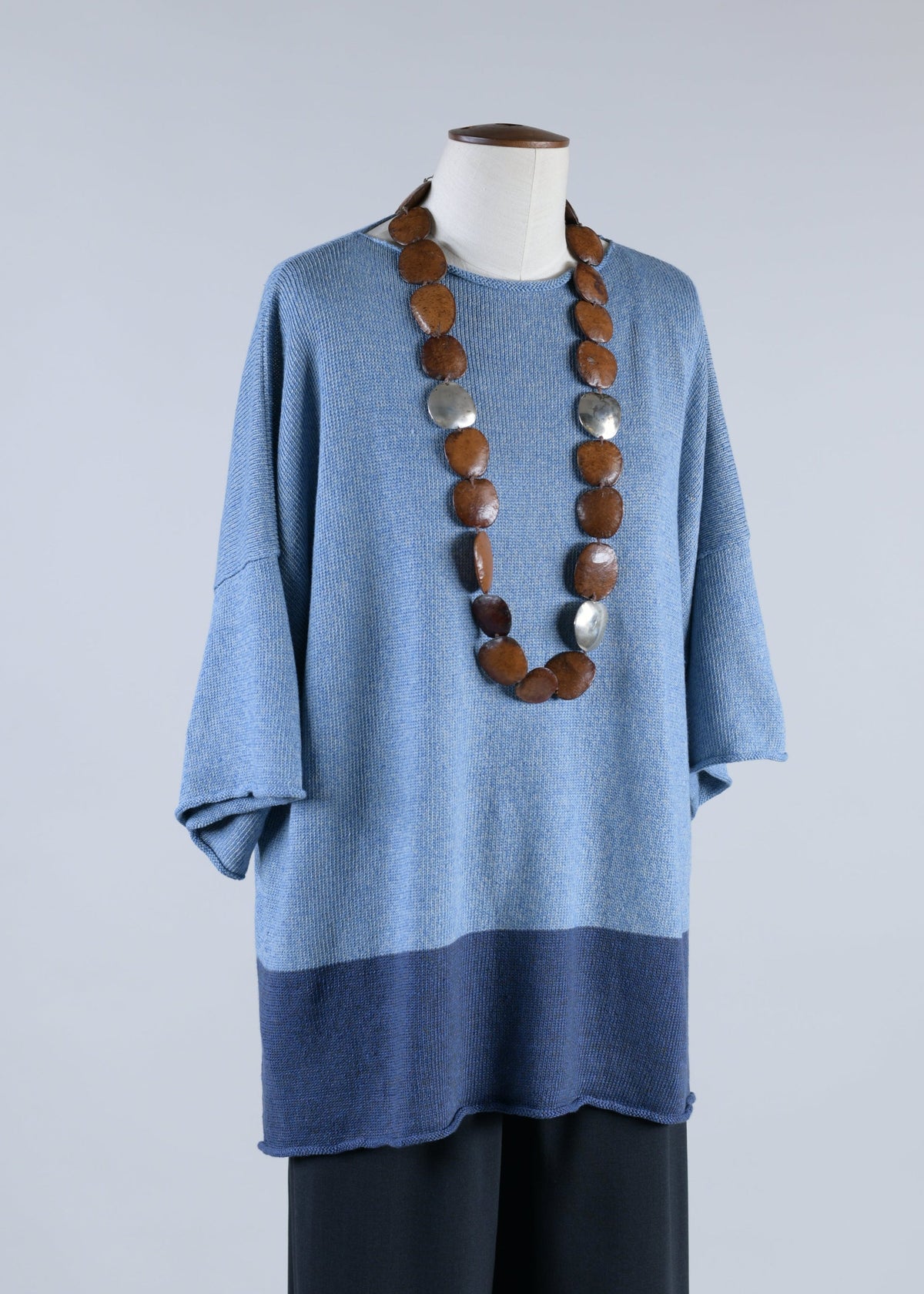 linen mix square short sleeve top - long (blue)