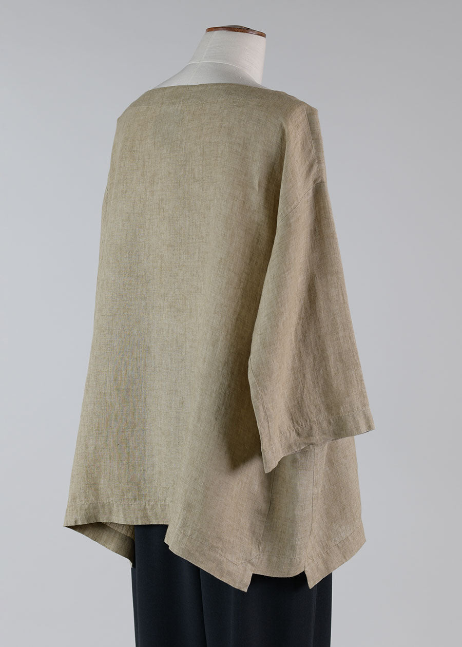 linen slim a-line 3/4 sleeve scoop neck tunic with stepped inserts - mid plus