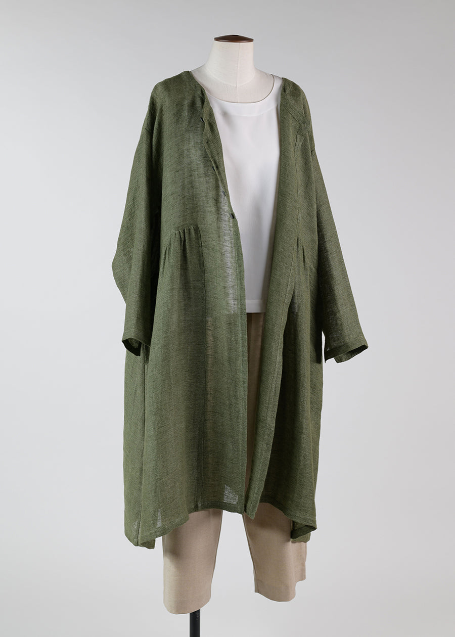 linen round neck coat with pleating