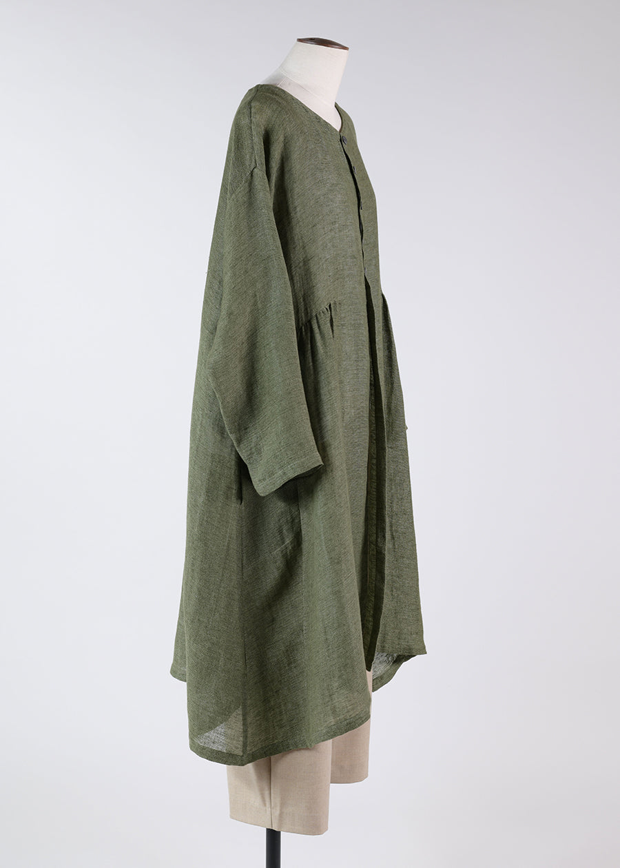 linen round neck coat with pleating
