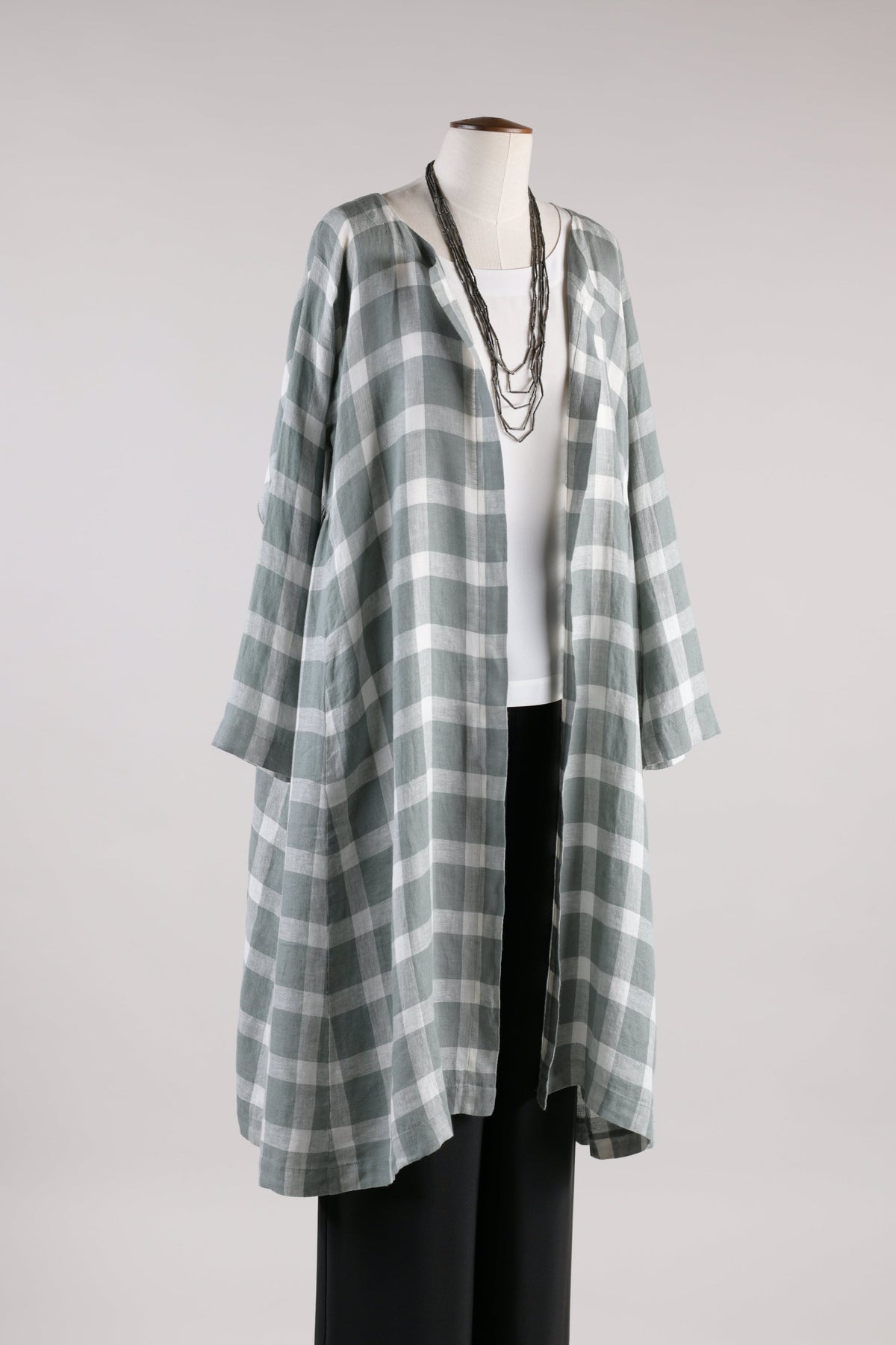 linen 3/4 length side pleated round neck coat (sage)