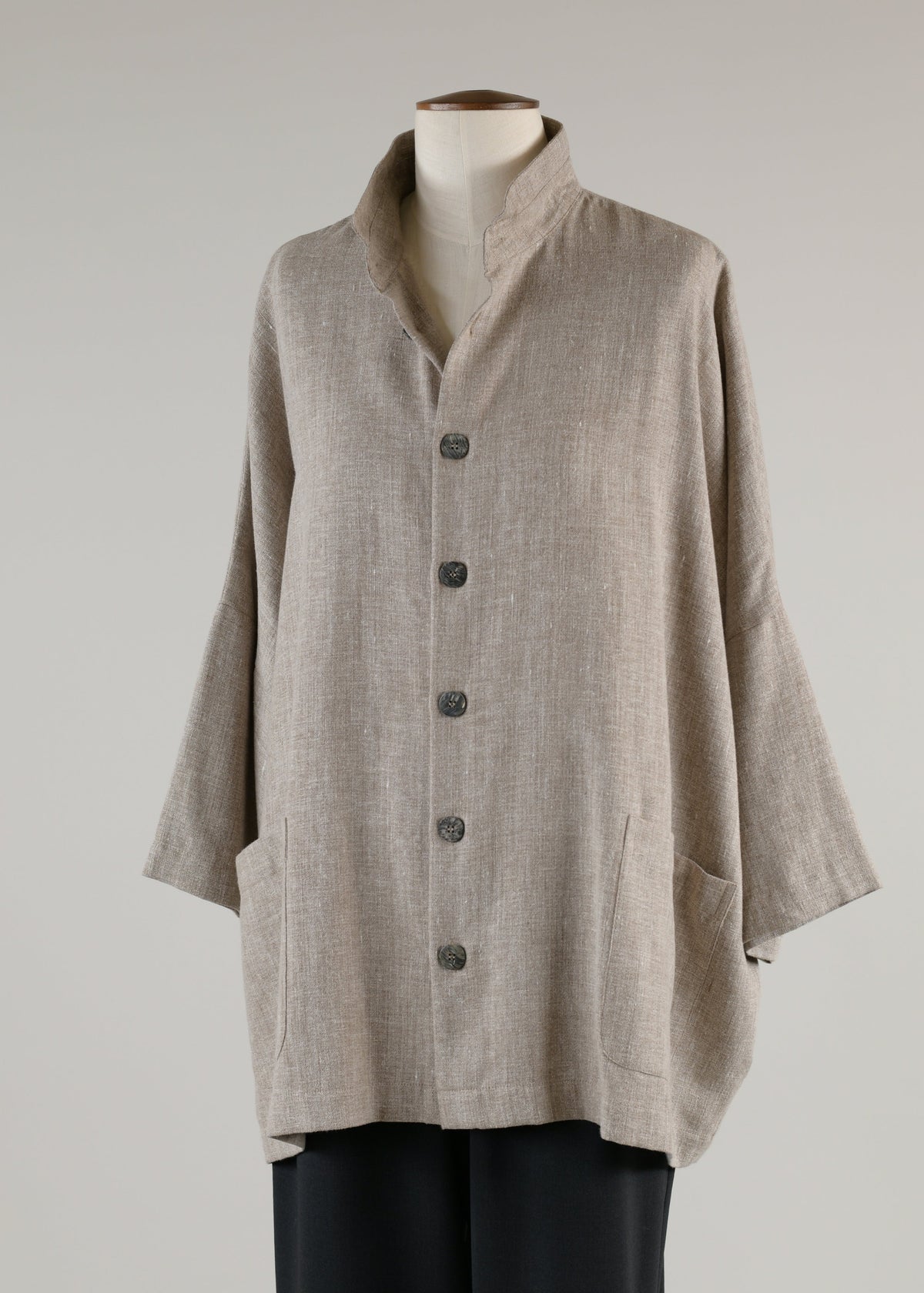 linen mix sloped shoulder jacket with double stand collar - long (nutmeg)