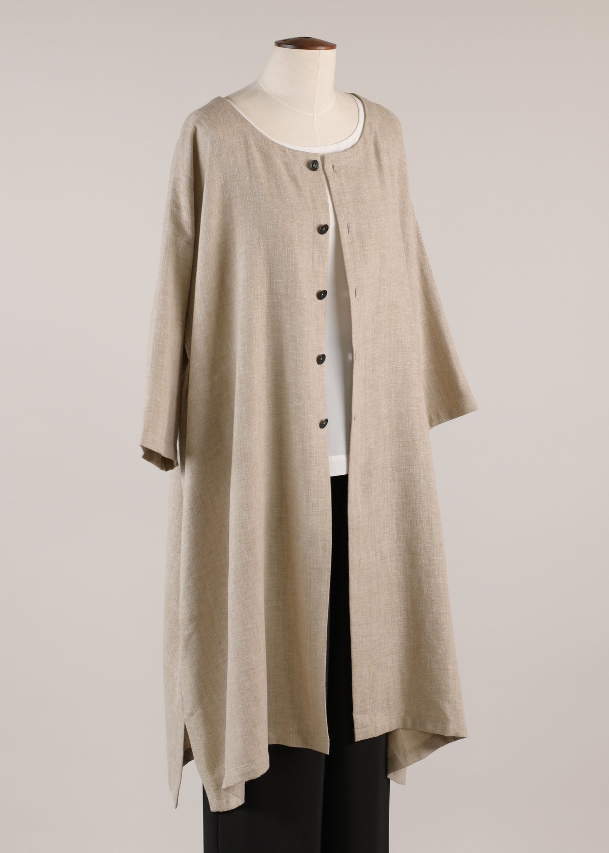 linen mix 3/4 sleeve wide a-line round neck coat - very long