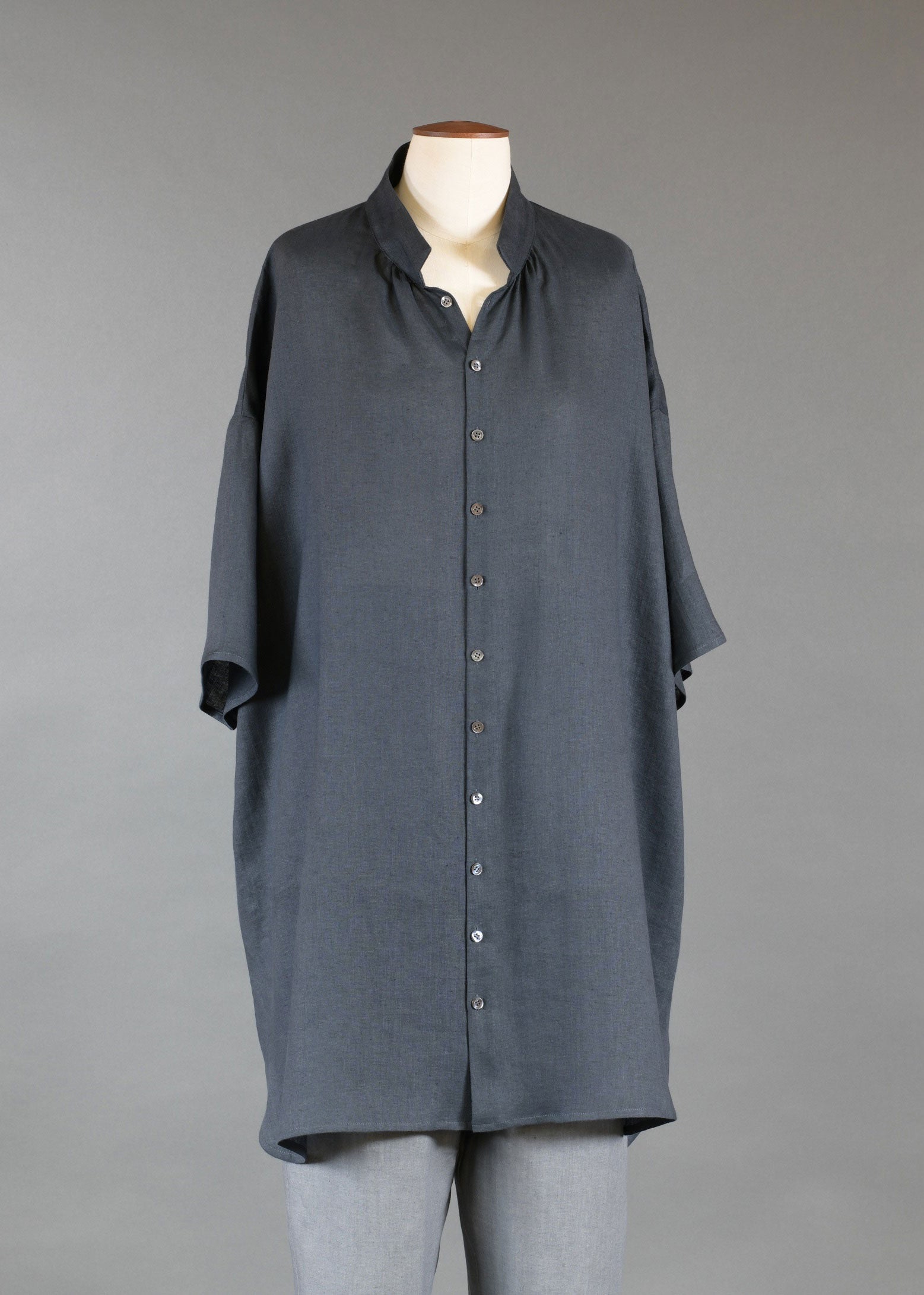 linen slope shldr aline pleat col short slv shirt-v long