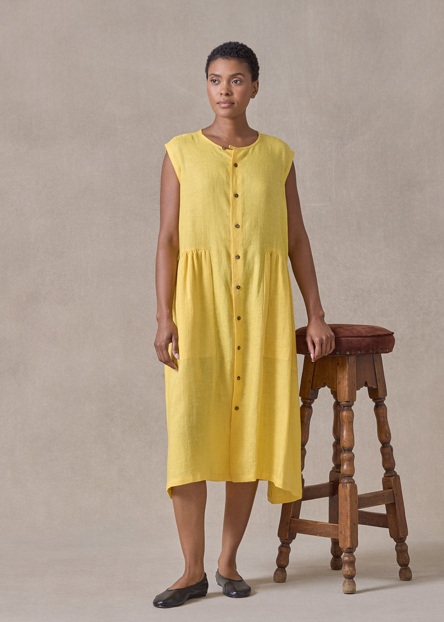 handkerchief linen sleeveless bounded neck shirt dress with full pleat panels (sunshine)