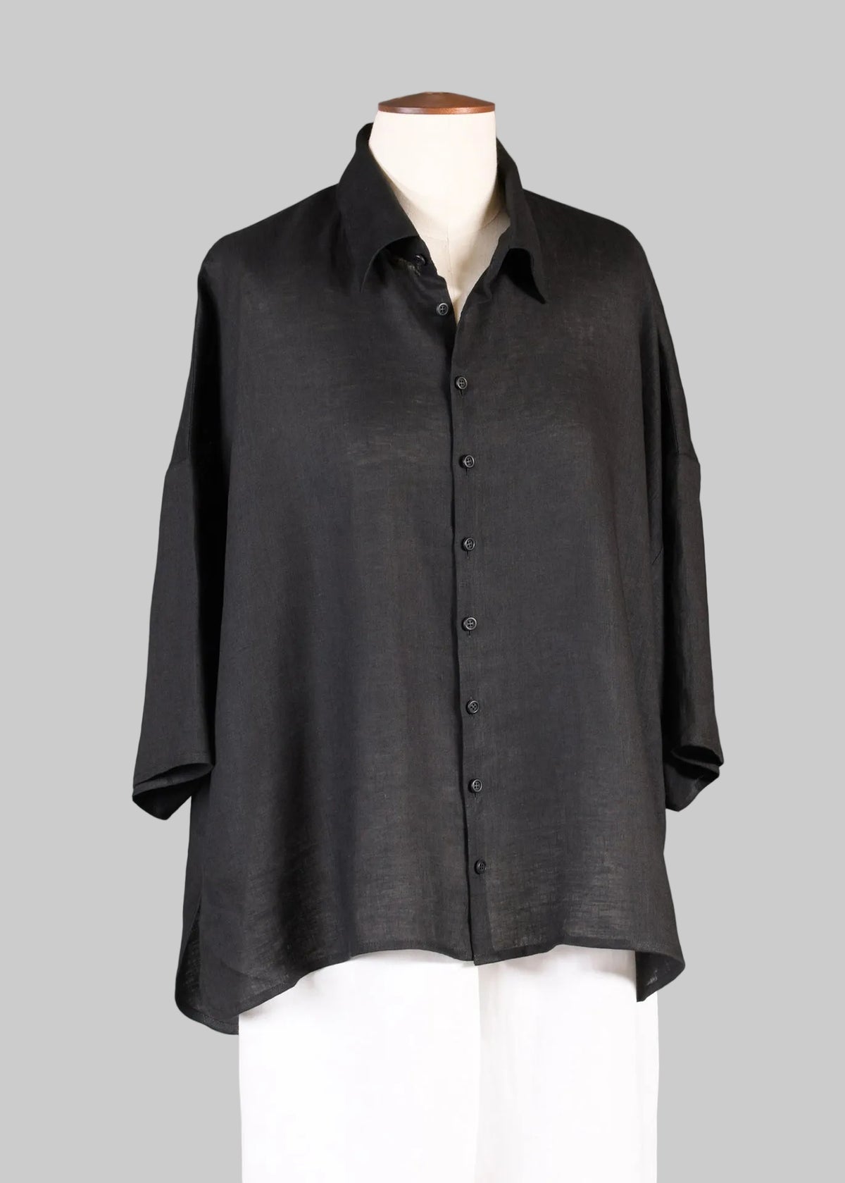 handkerchief linen sloped shoulder wide a-line short sleeve shirt with collar - mid (black)