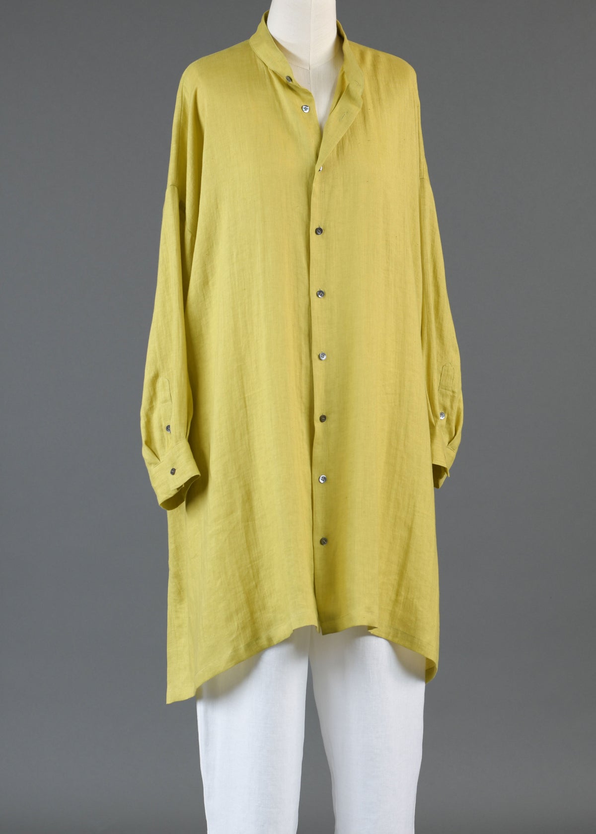 linen wide a-line collarless shirt - very long w/slits