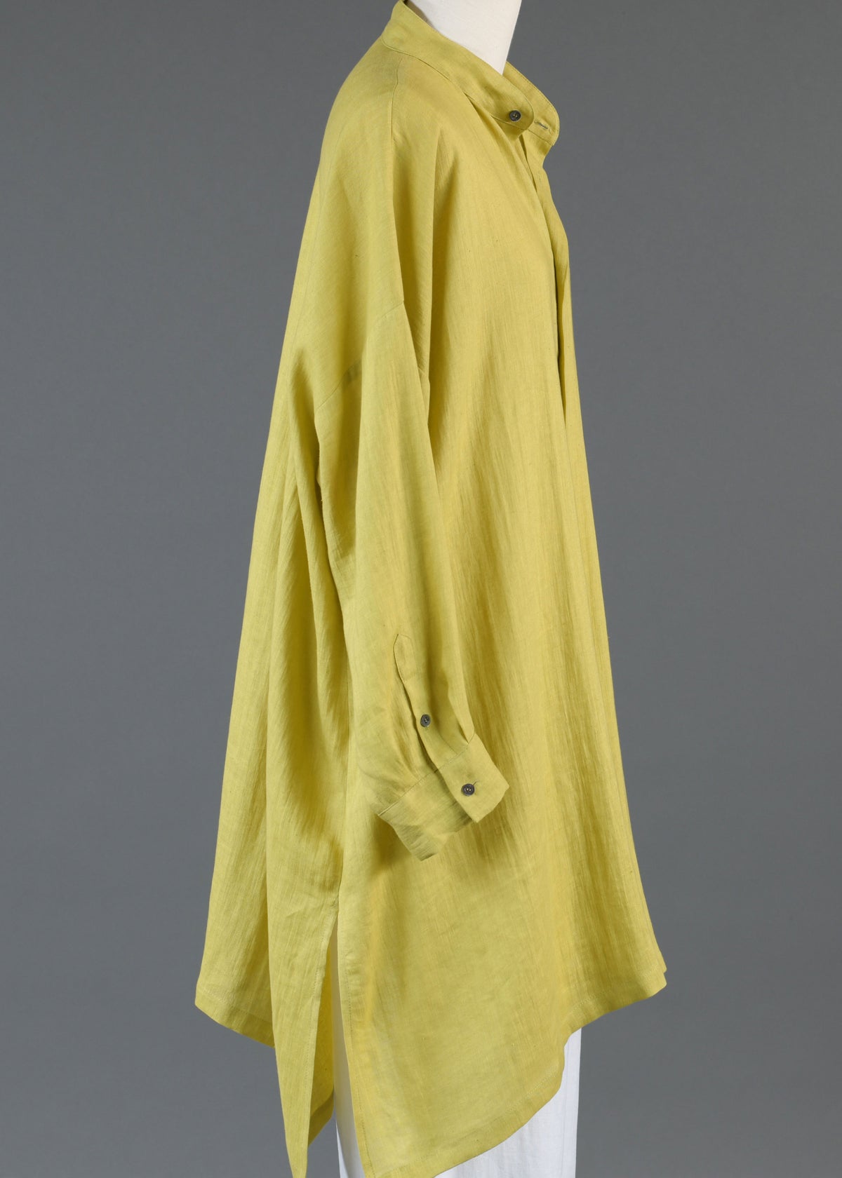 linen wide a-line collarless shirt - very long w/slits