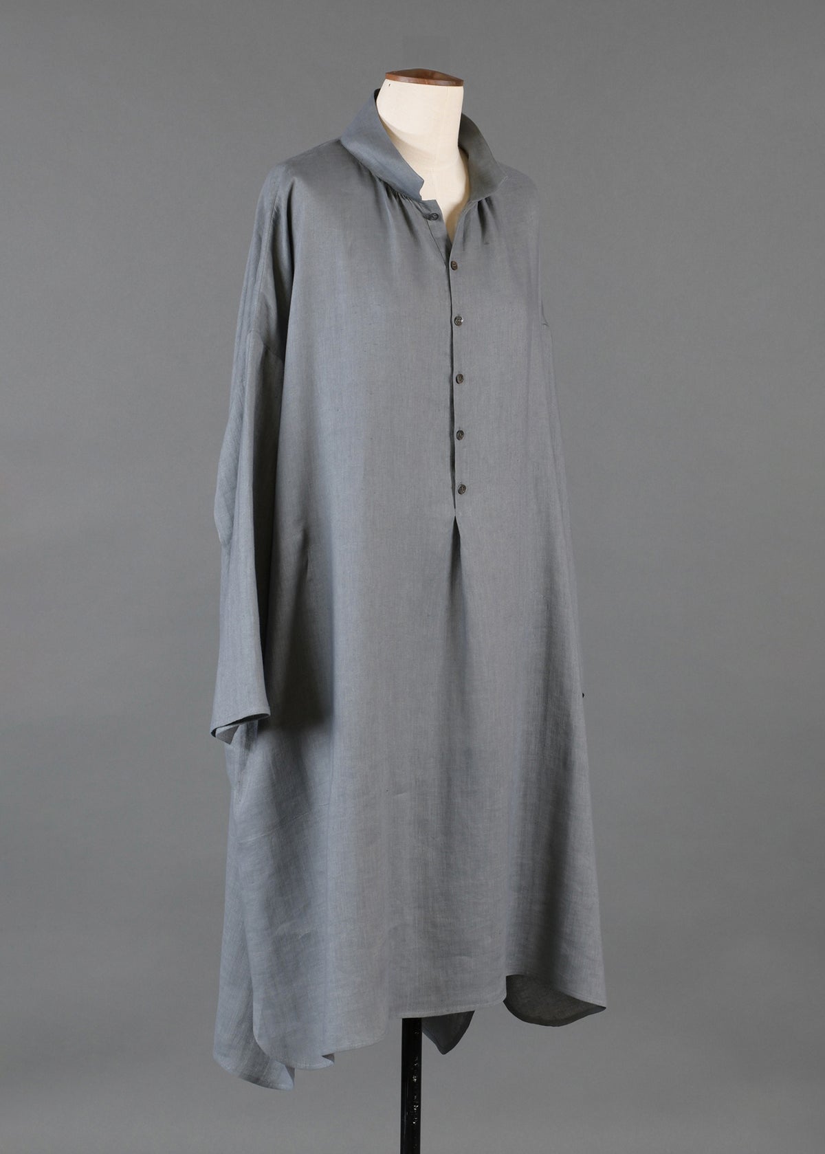 linen sloped shoulder wide a-line pleated collar smock dress in pewter