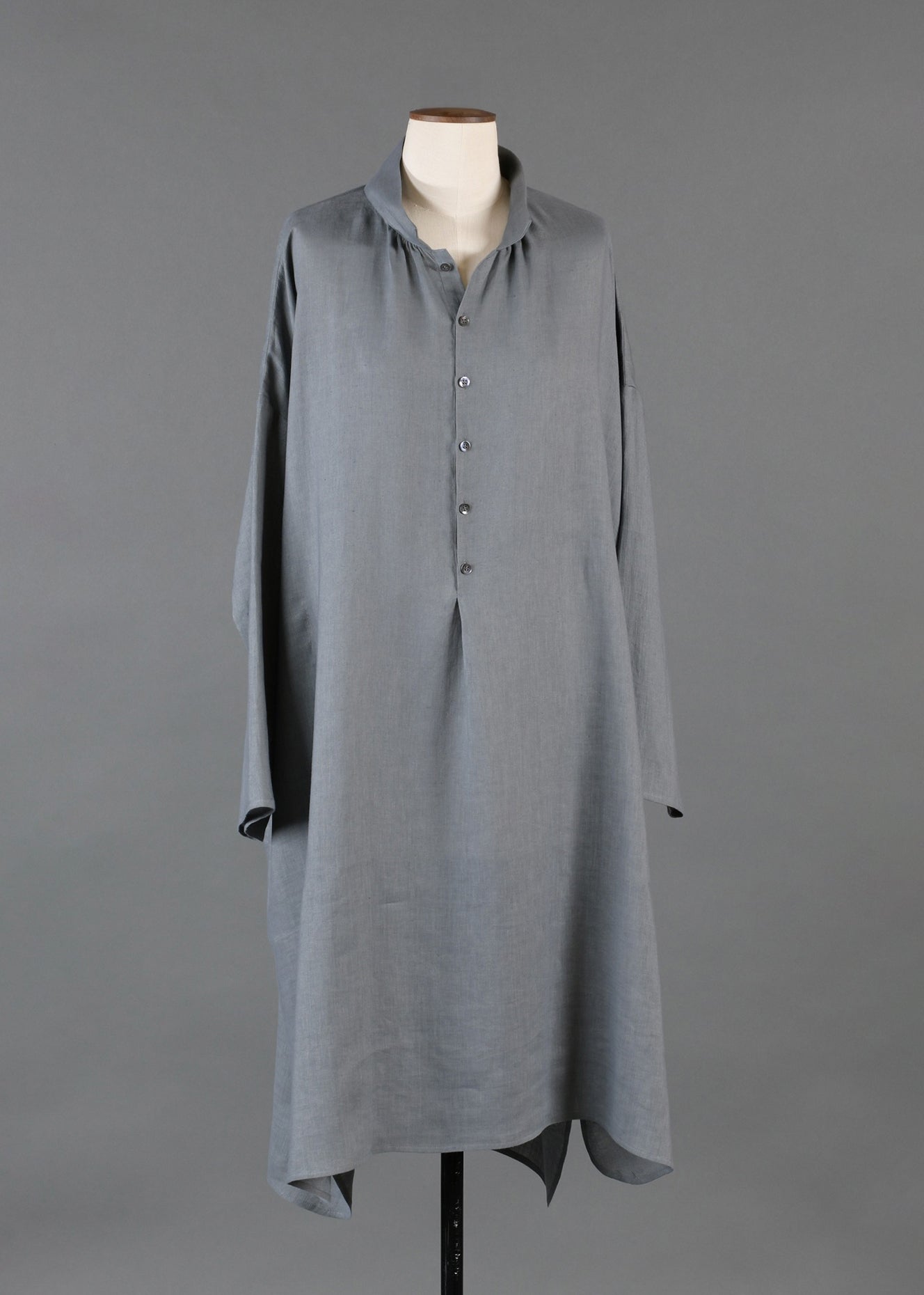 linen sloped shoulder wide a-line pleated collar smock dress in pewter