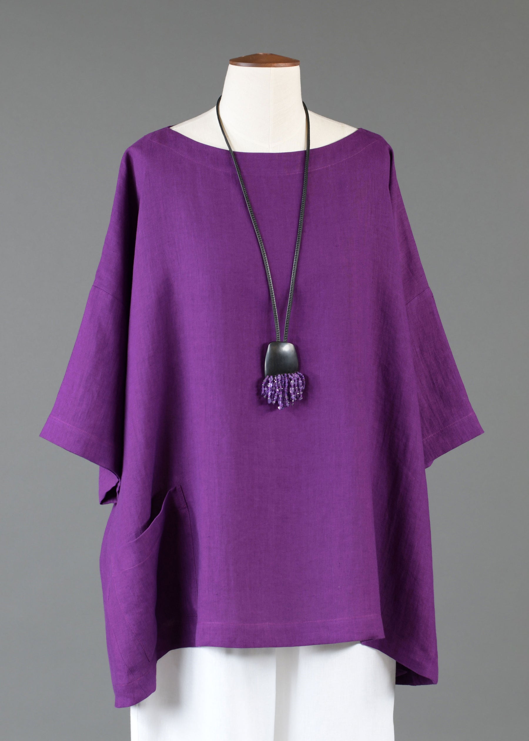 linen angle-to-front 3/4 sleeve scoop neck tunic - long in violet