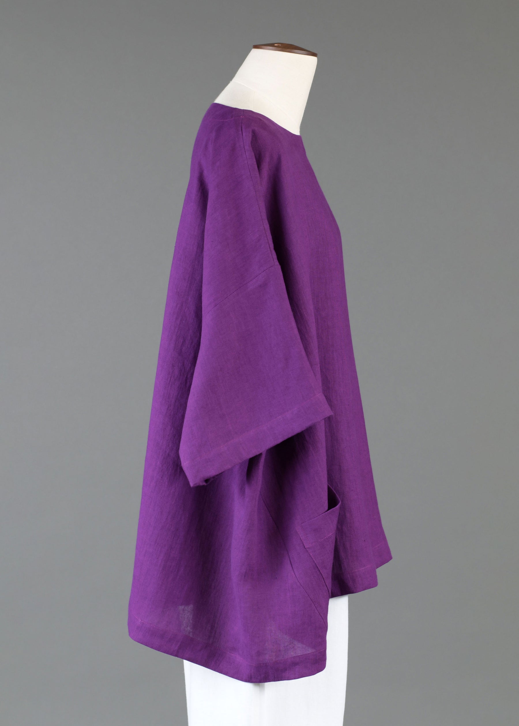 linen angle-to-front 3/4 sleeve scoop neck tunic - long in violet