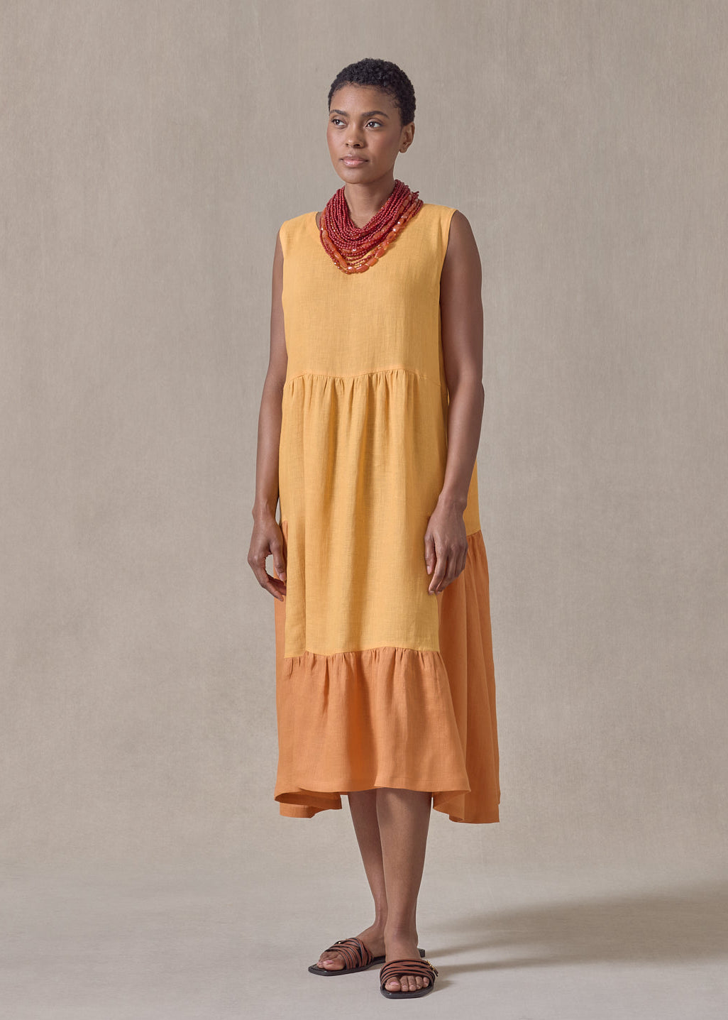 handkerchief linen two tone tiered pleated sleeveless dress (orange mix)
