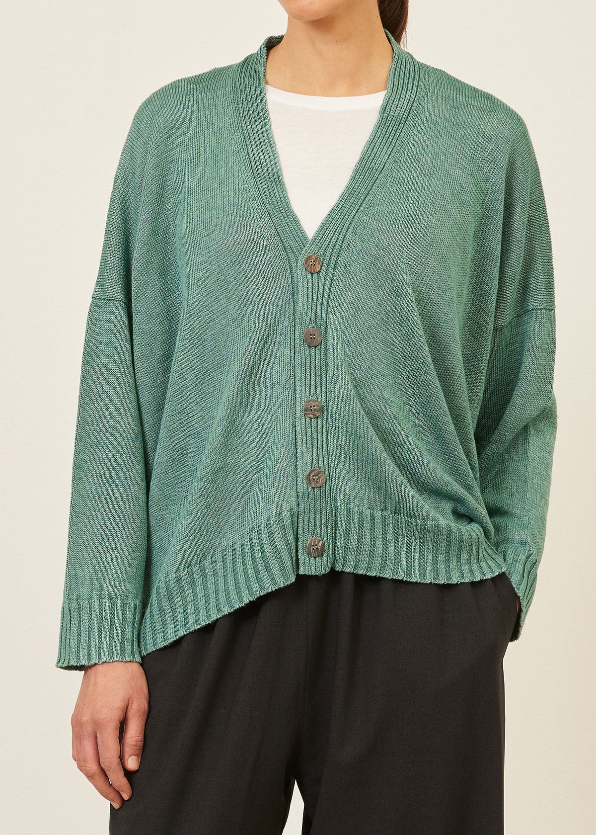 linen knitted v neck cardigan - mid (greenaqua)