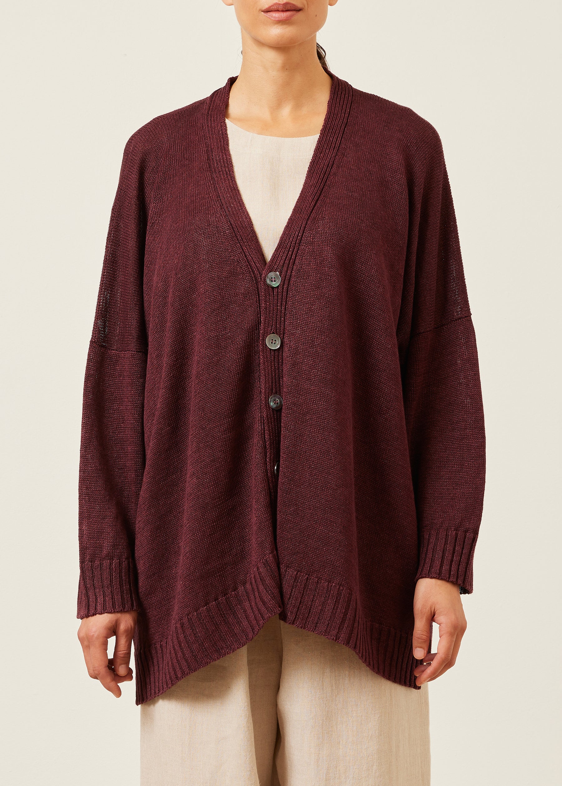 linen wide v neck knit cardigan - long