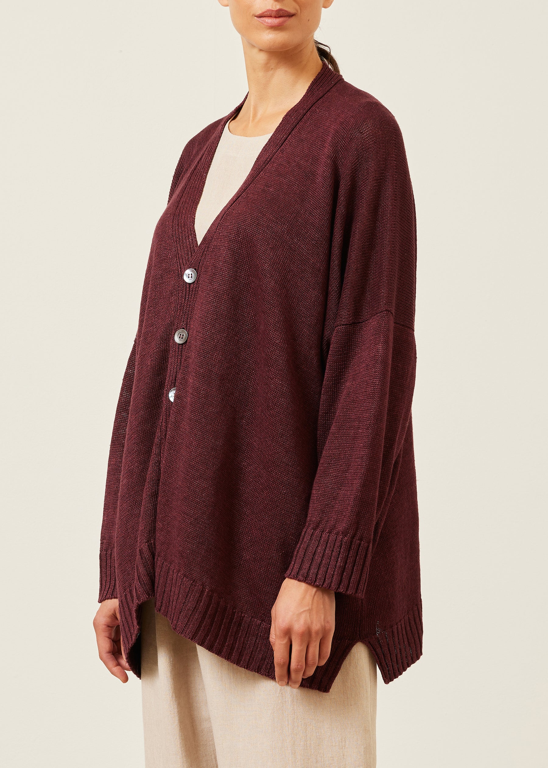 linen wide v neck knit cardigan - long