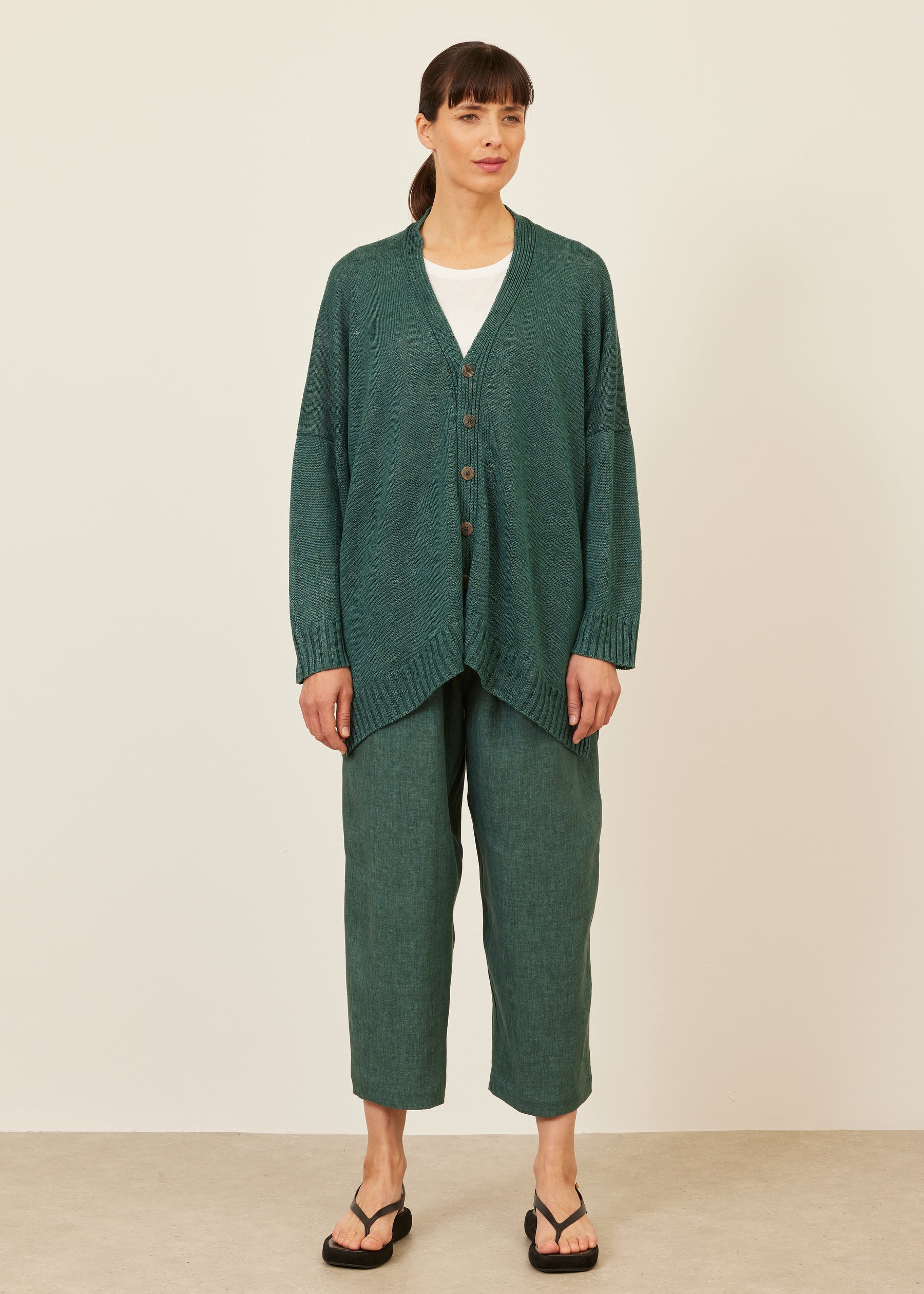 linen wide v neck knit cardigan - long