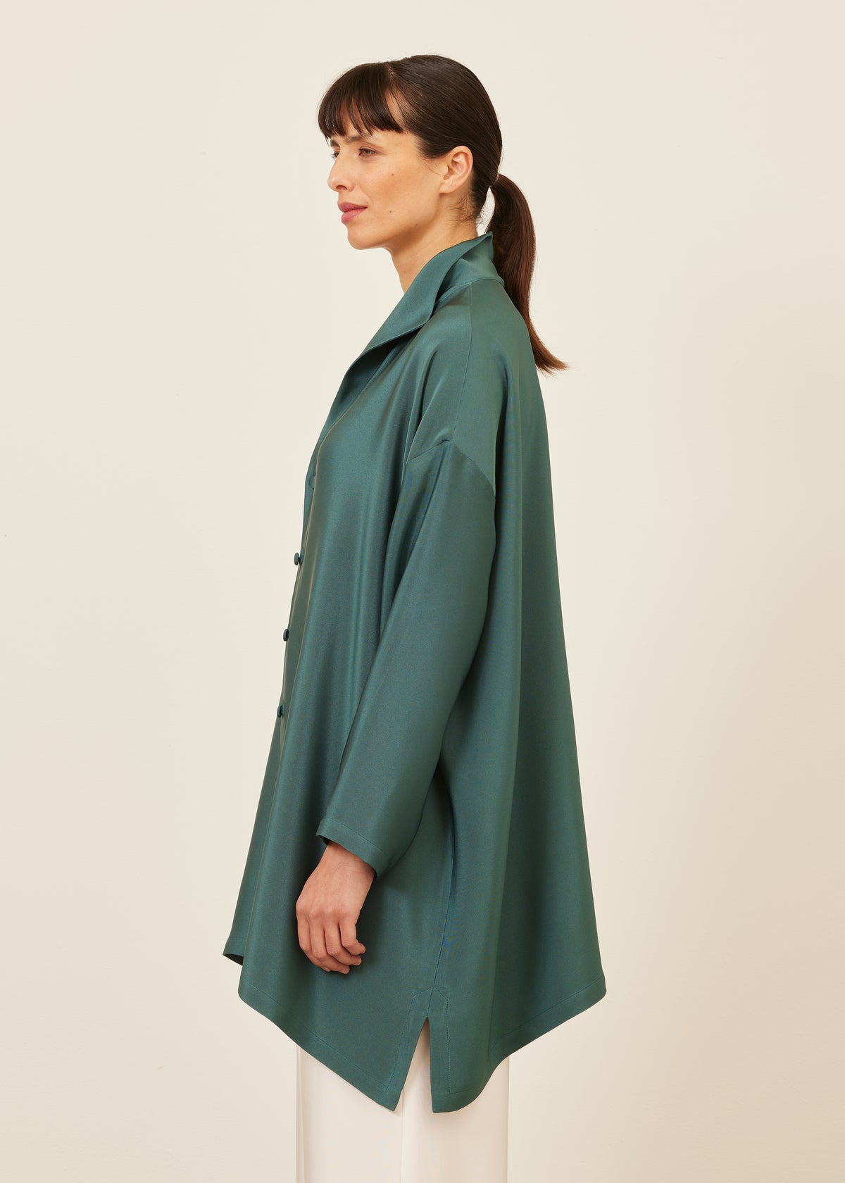 wide a-line shirt with open 'standup collar'  - long plus