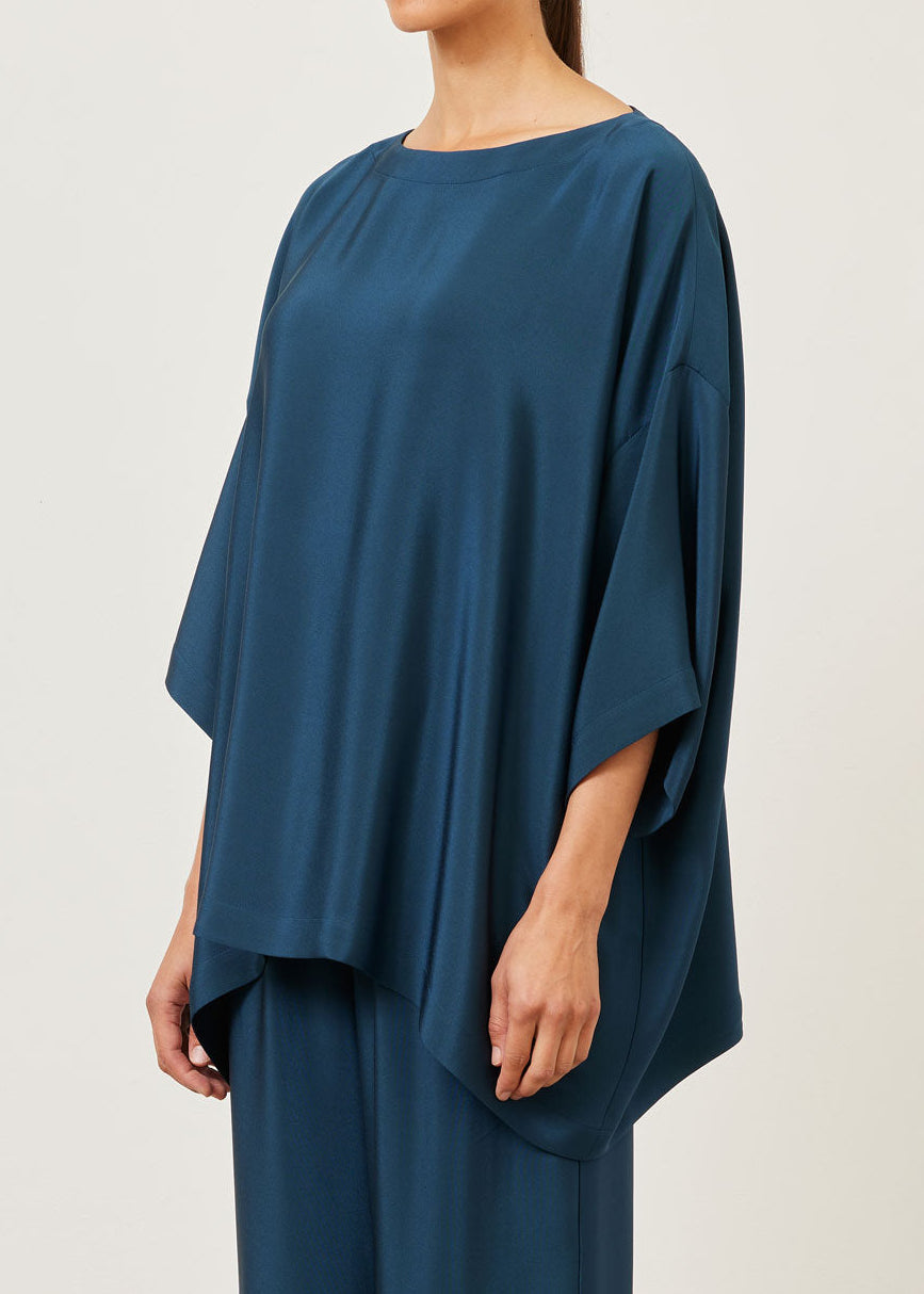 silk 3/4 sleeve bateau neck tunic - long (marineblue)
