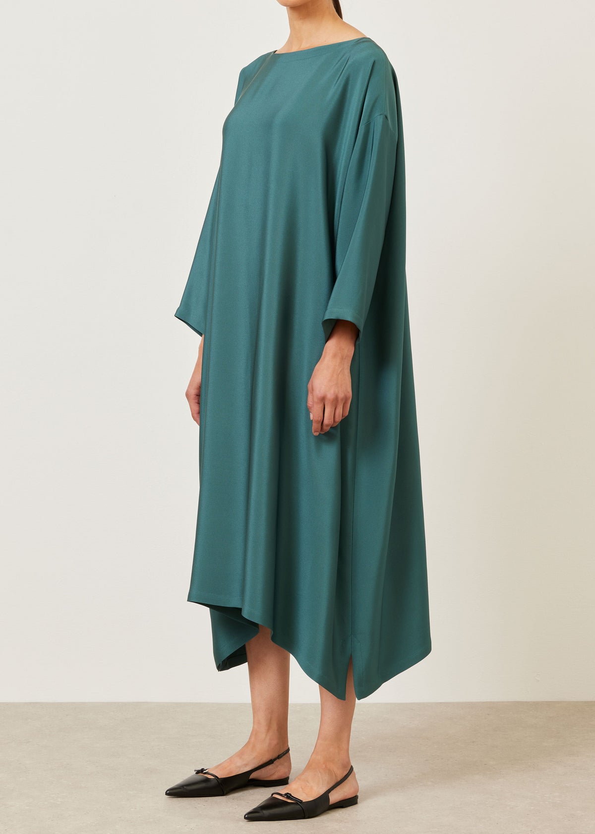 silk 3/4 sleeve wide a-line scoop neck dress - full length (tealgreen)