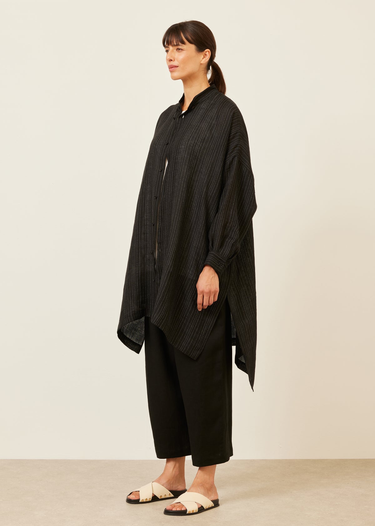 wide longer back collarless shirt  - very long with slits