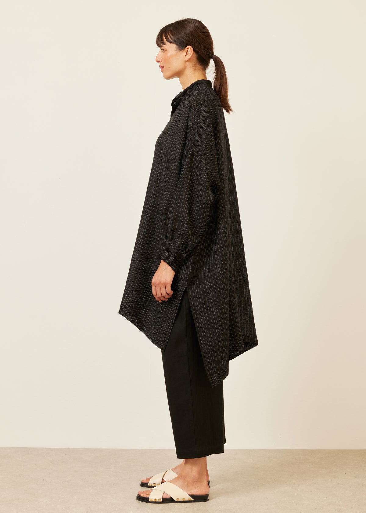 wide longer back collarless shirt  - very long with slits