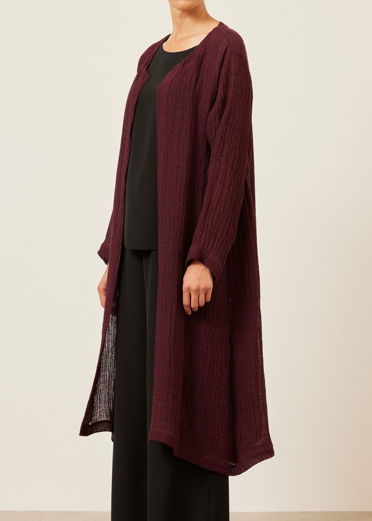linen guaze 3/4 length side pleated round neck coat