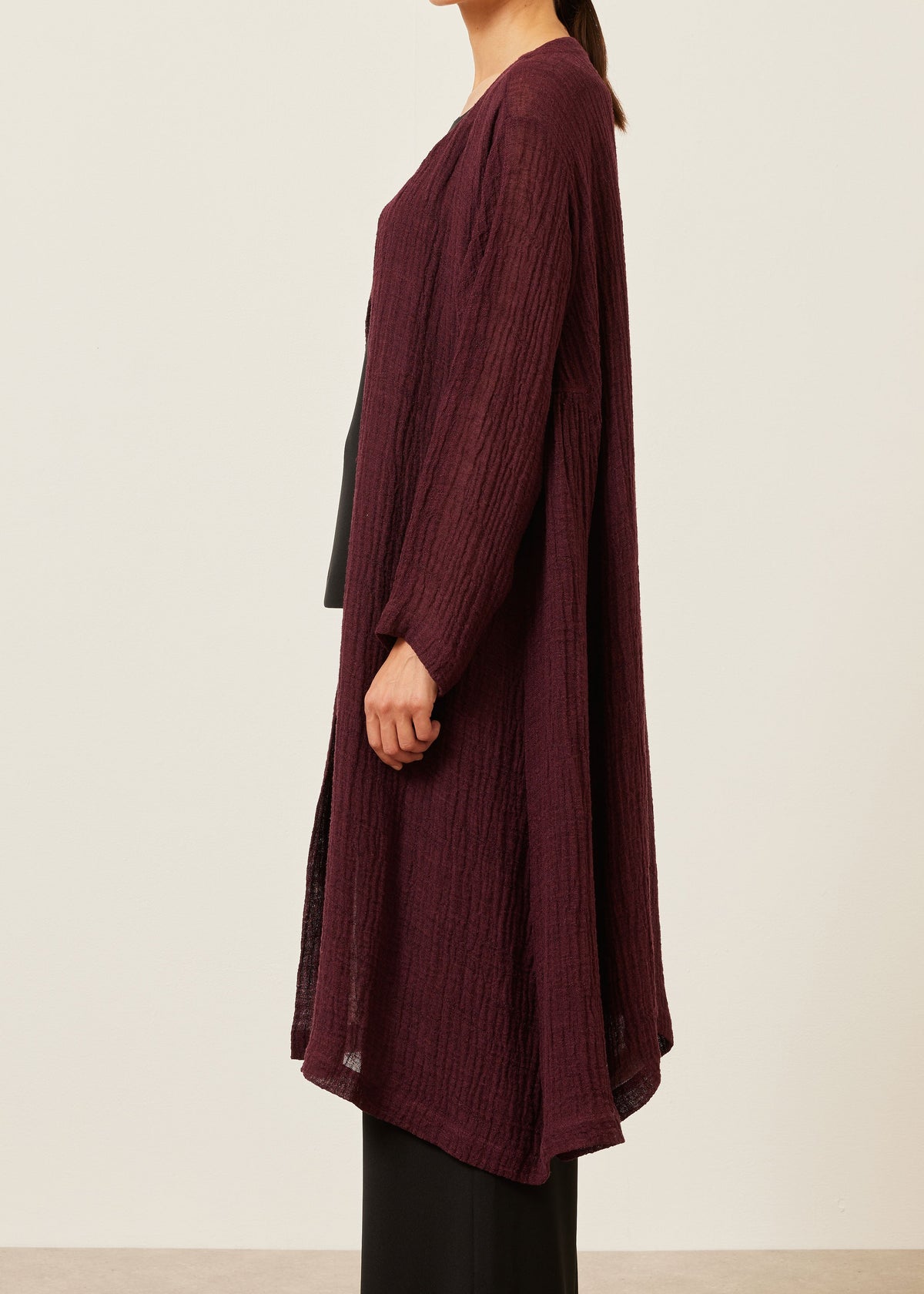 linen guaze 3/4 length side pleated round neck coat