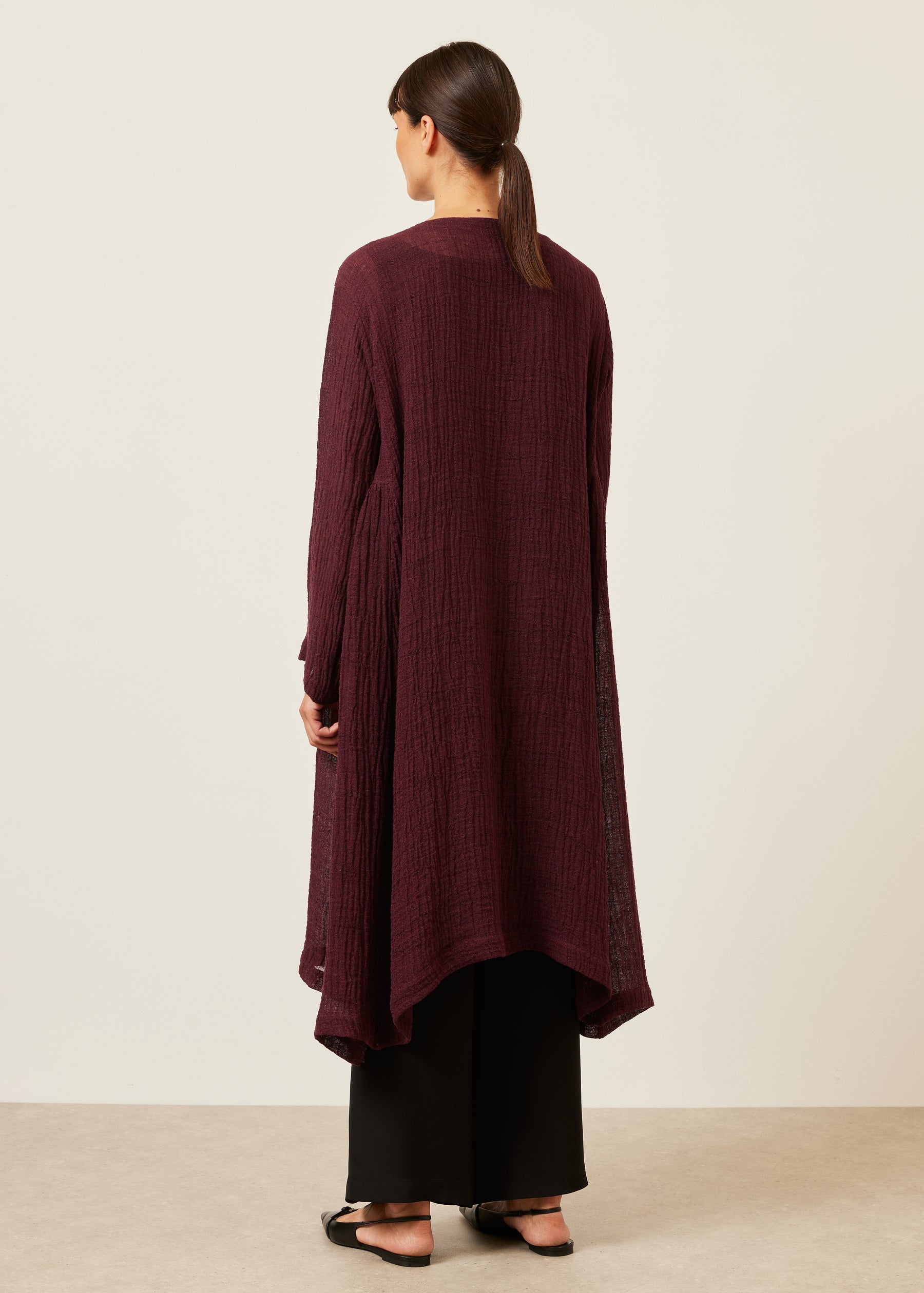linen mix 3/4 length side pleated round neck coat