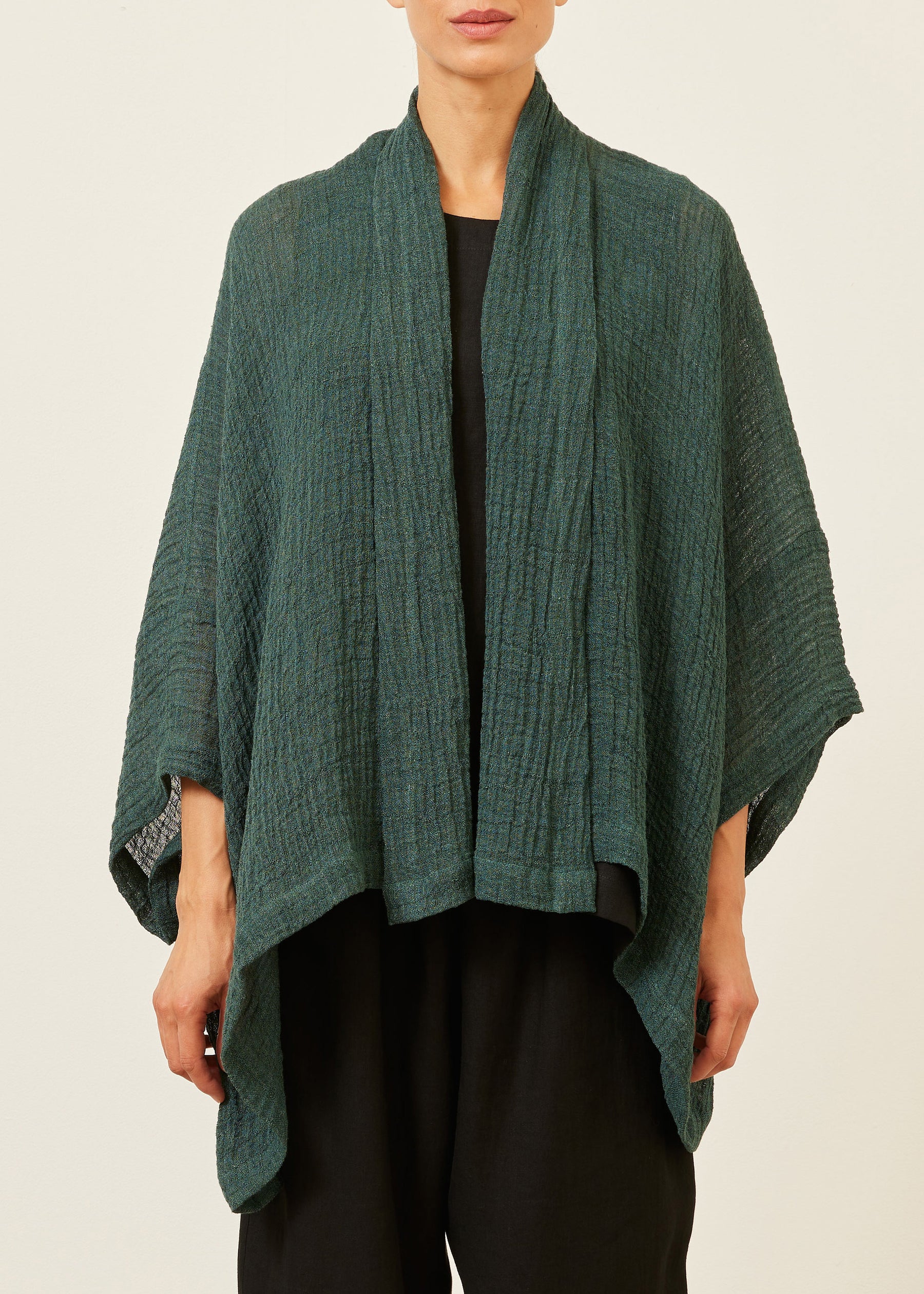 linen mix wide short sleeve scrunch shawl collar jacket - mid plus