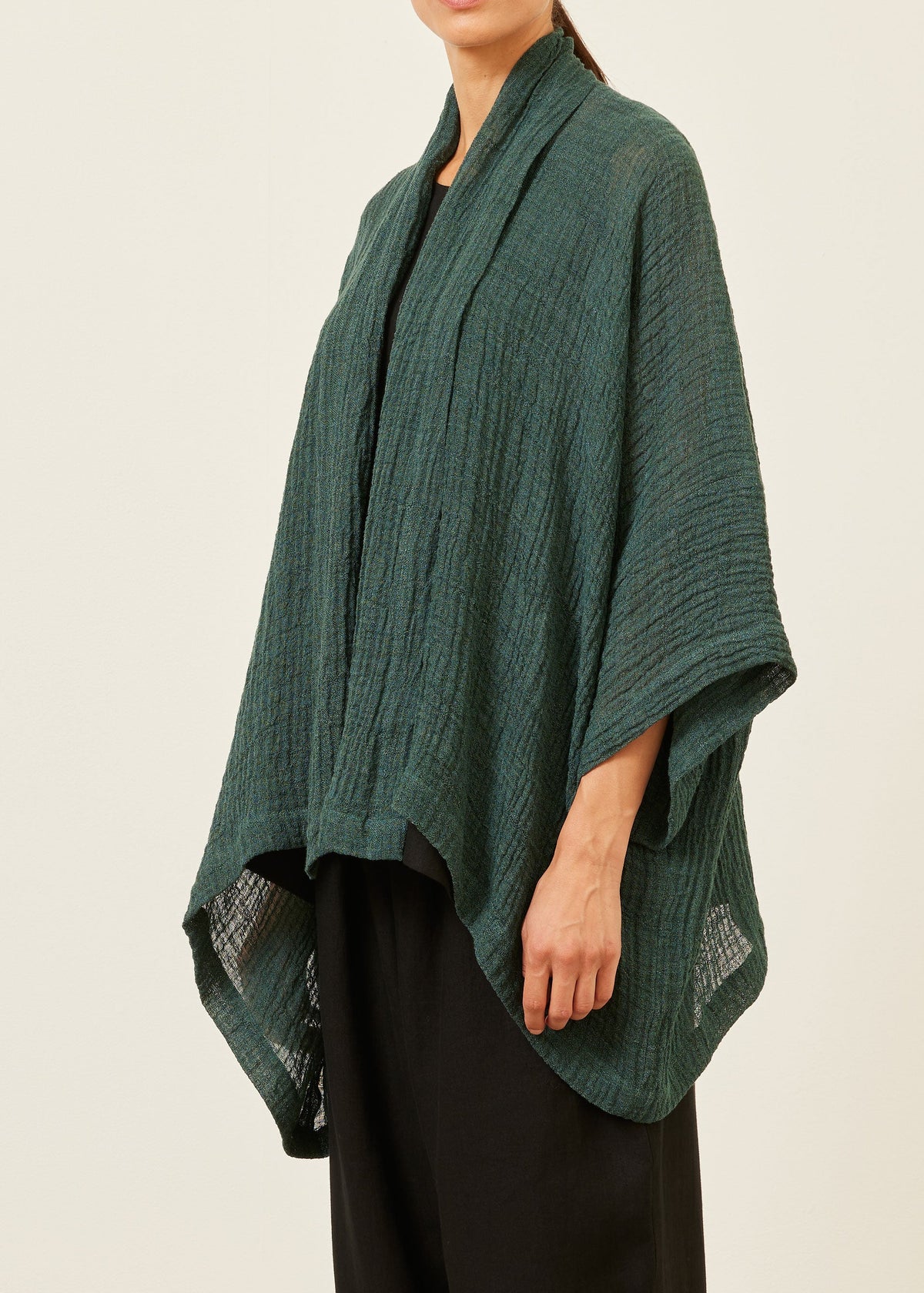 linen gauze wide short sleeve scrunch shawl collar jacket - mid plus (tealgreen)
