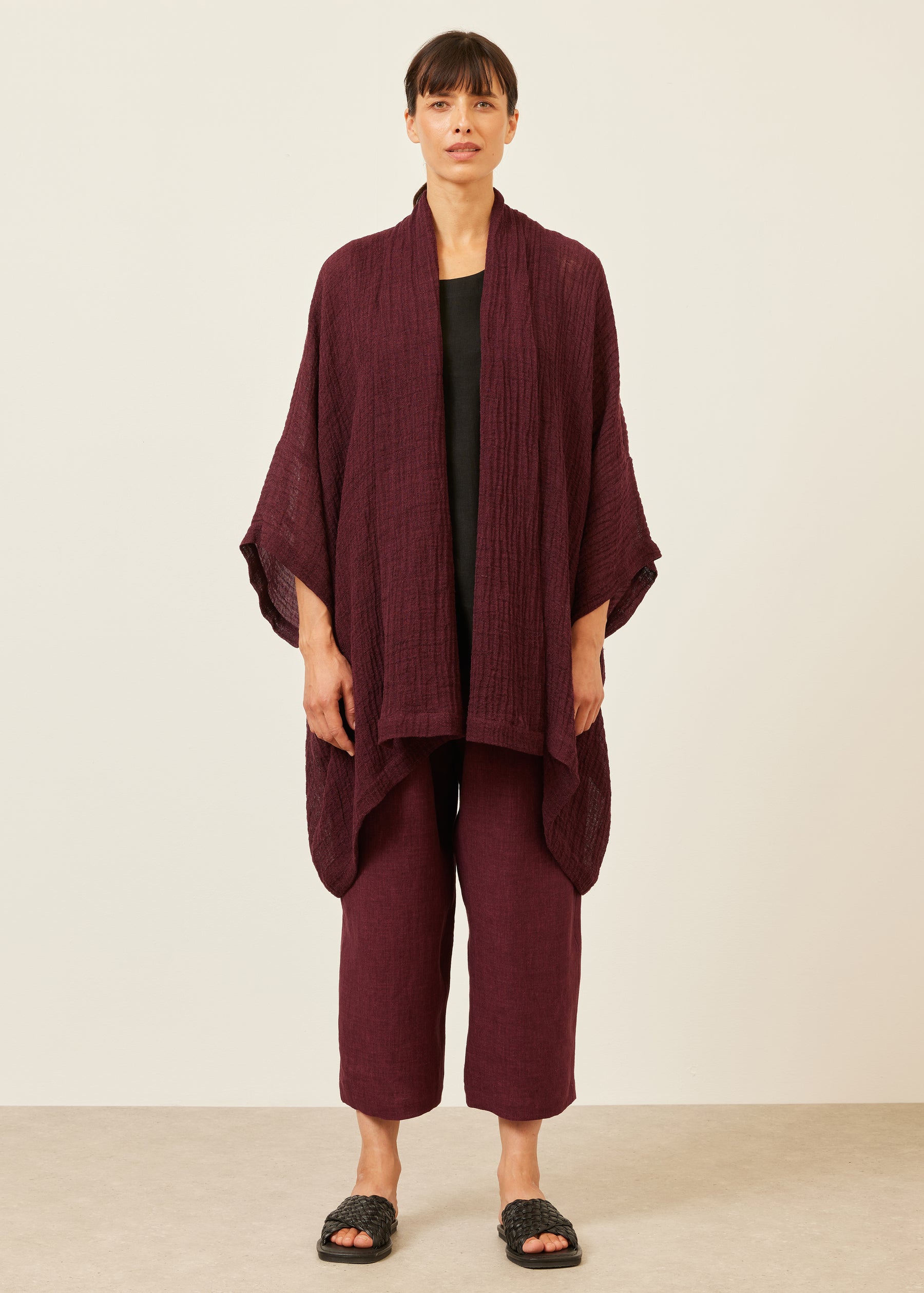 linen mix wide short sleeve scrunch shawl collar jacket - long plus