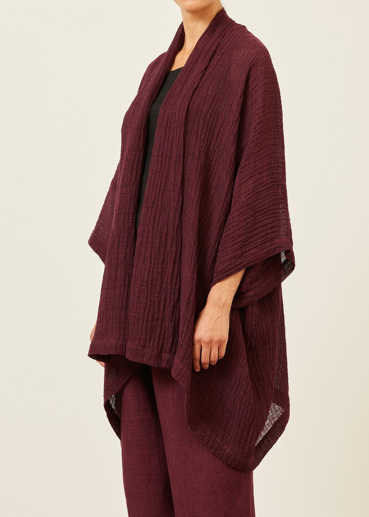 linen gauze wide short sleeve scrunch shawl collar jacket - long plus