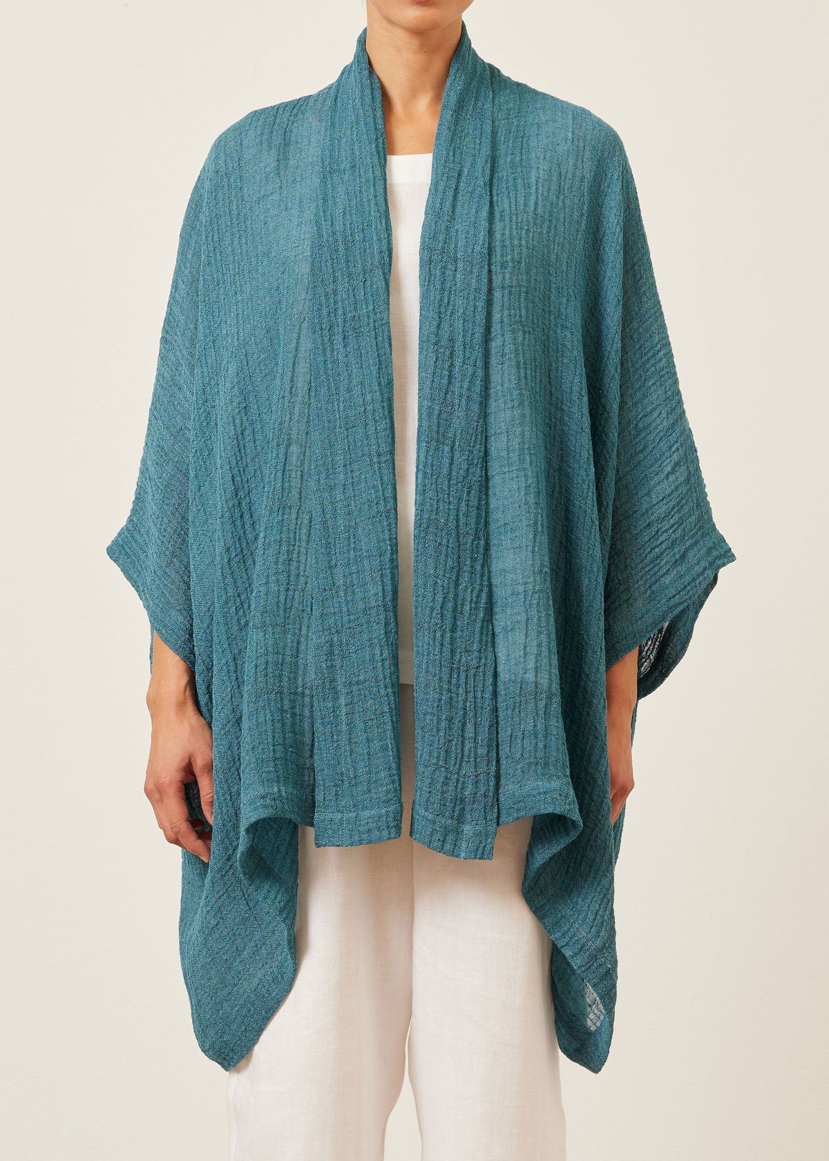 linen gauze wide short sleeve scrunch shawl collar jacket - long plus (darkturquoise)