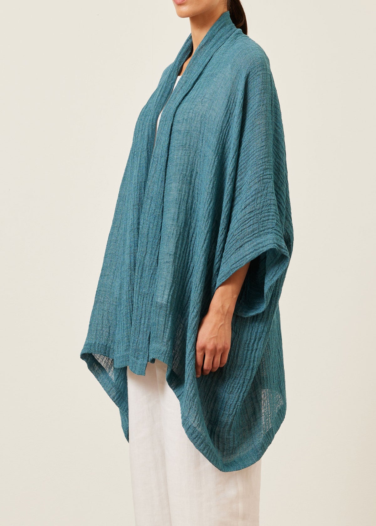 linen gauze wide short sleeve scrunch shawl collar jacket - long plus (darkturquoise)