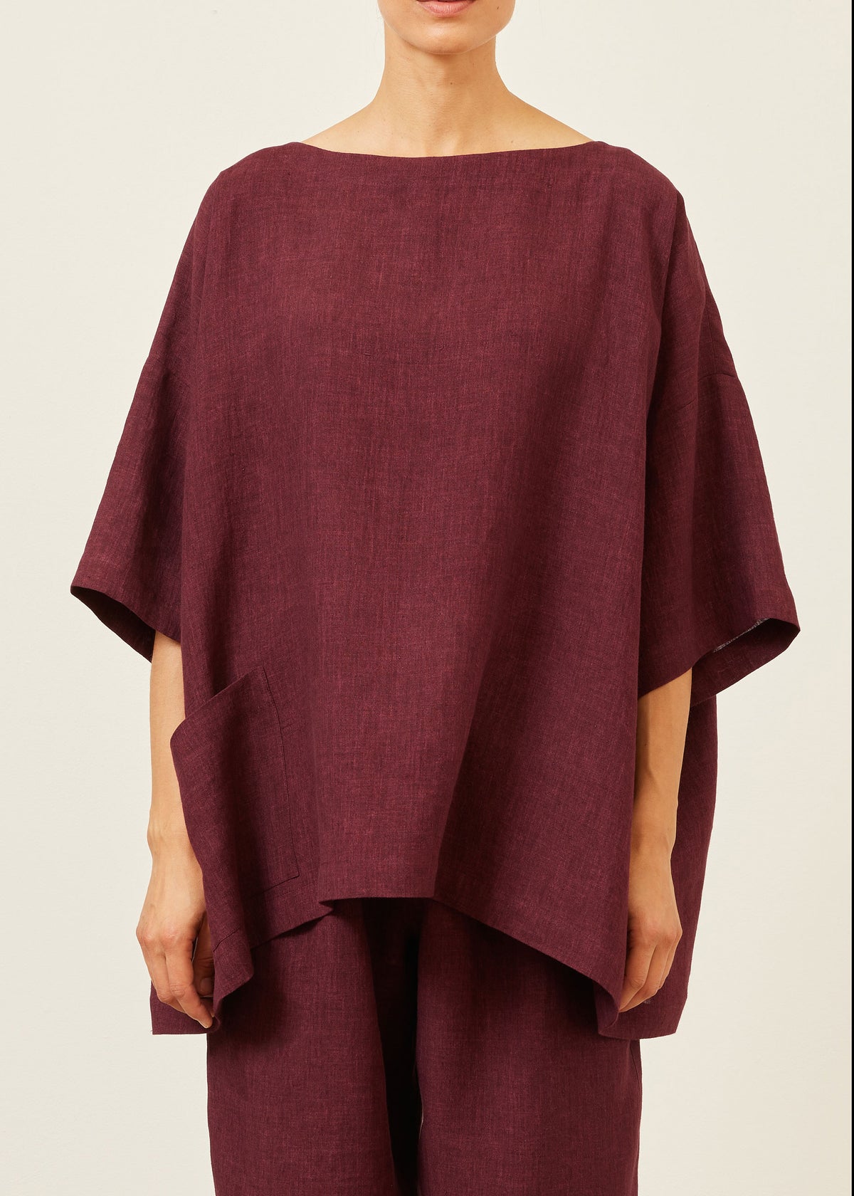 linen angle-to-front 3/4 sleeve scoop neck tunic  - long