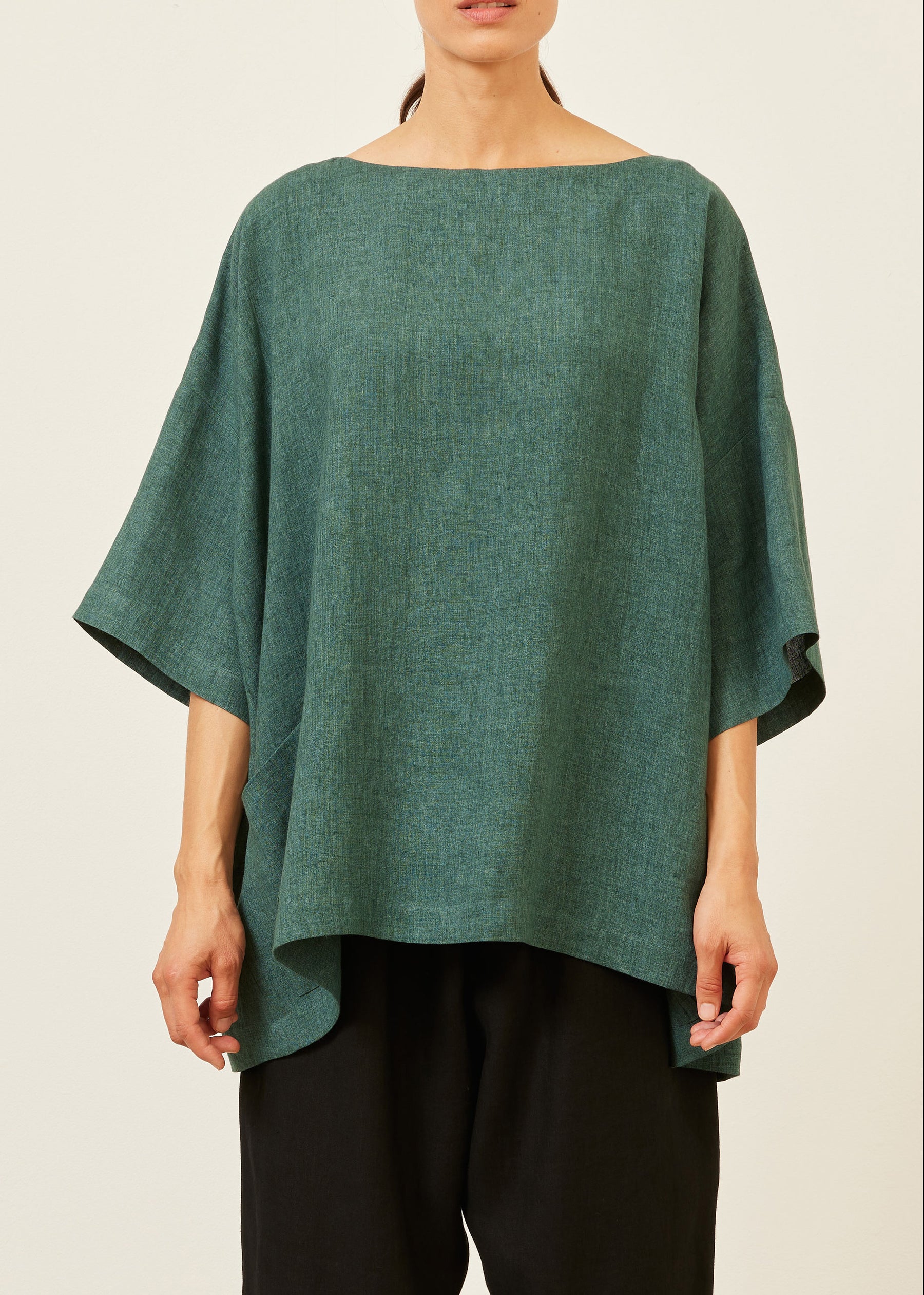linen angle-to-front 3/4 sleeve scoop neck tunic - long