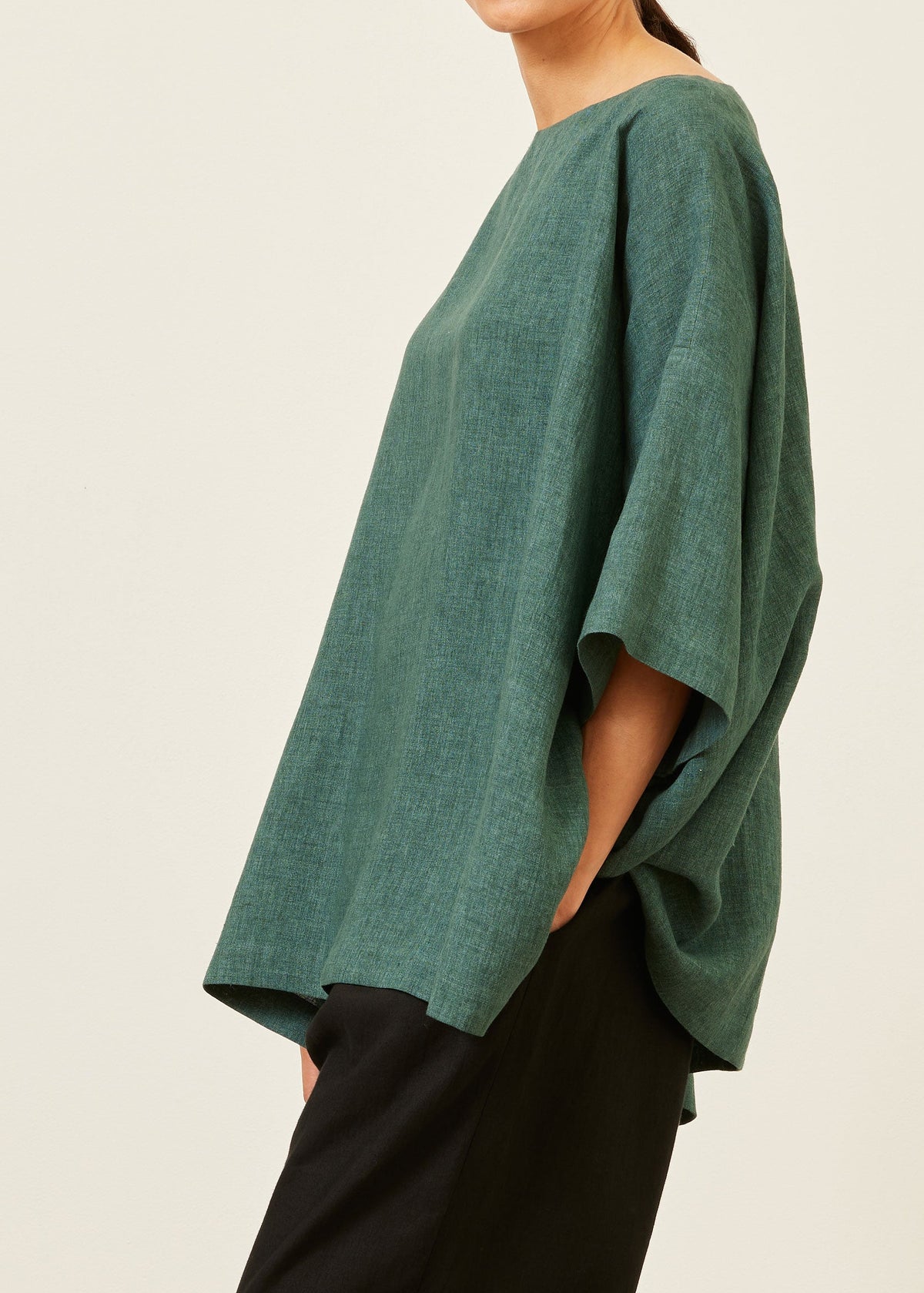 linen angle-to-front 3/4 sleeve scoop neck tunic - long (tealgreen)