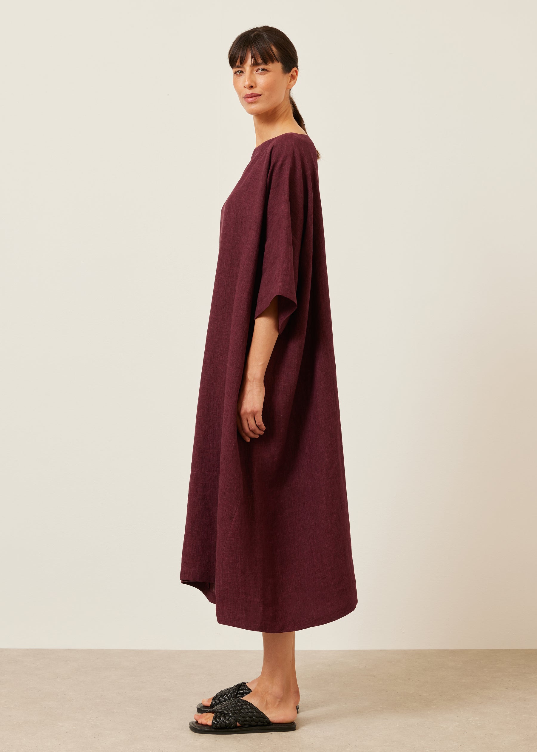 linen angle-to-front side seam scoop neck t shirt dress