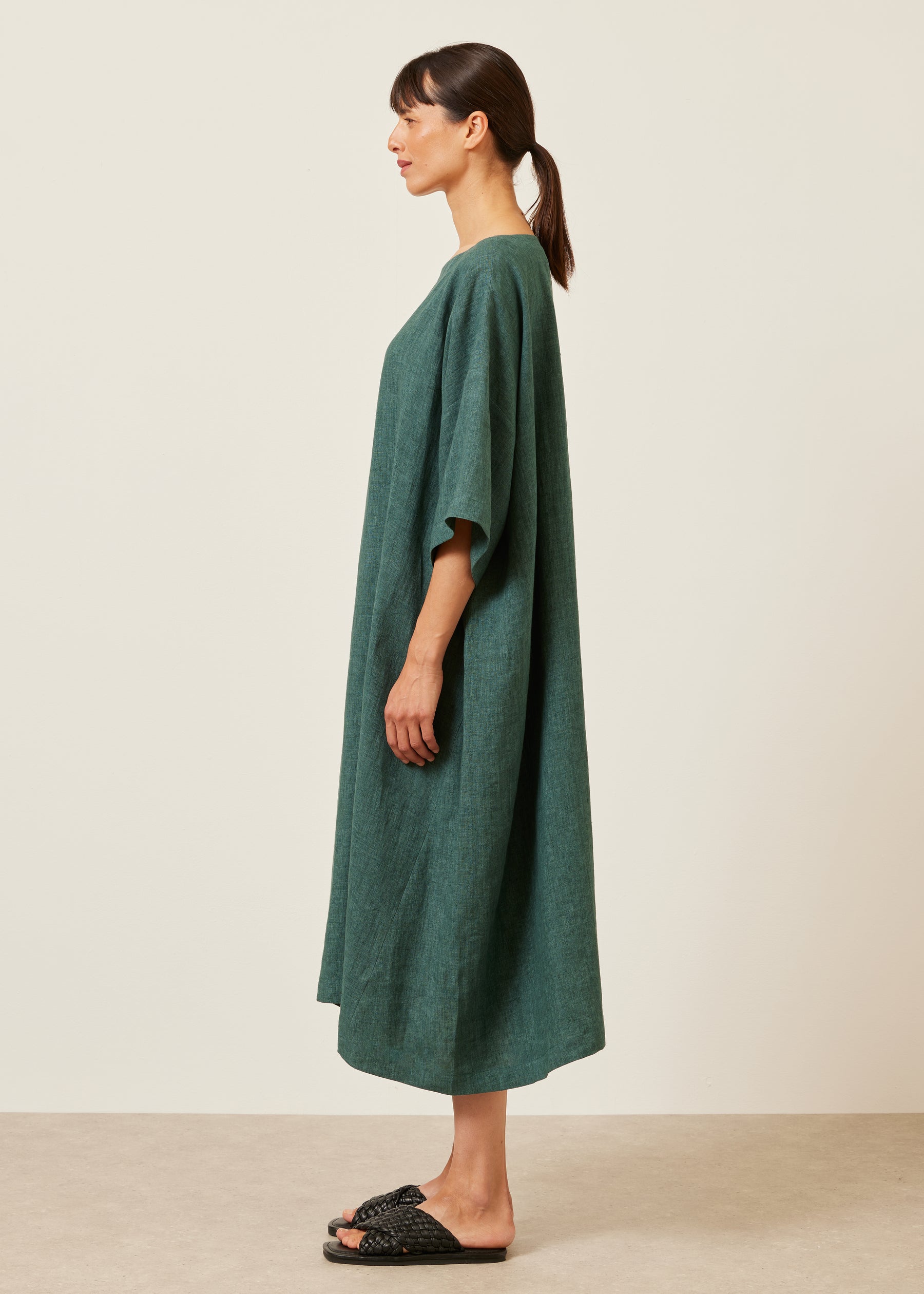 linen angle-to-front side seam scoop neck t shirt dress