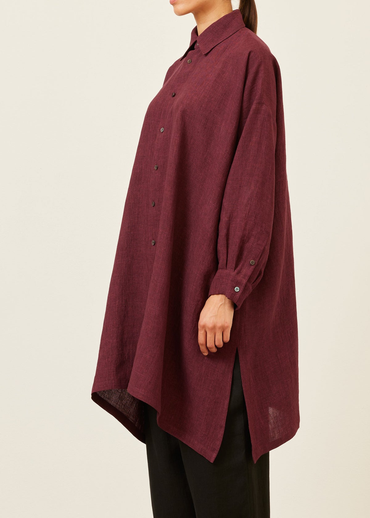 linen wide a-line shirt with collar - very long with slits