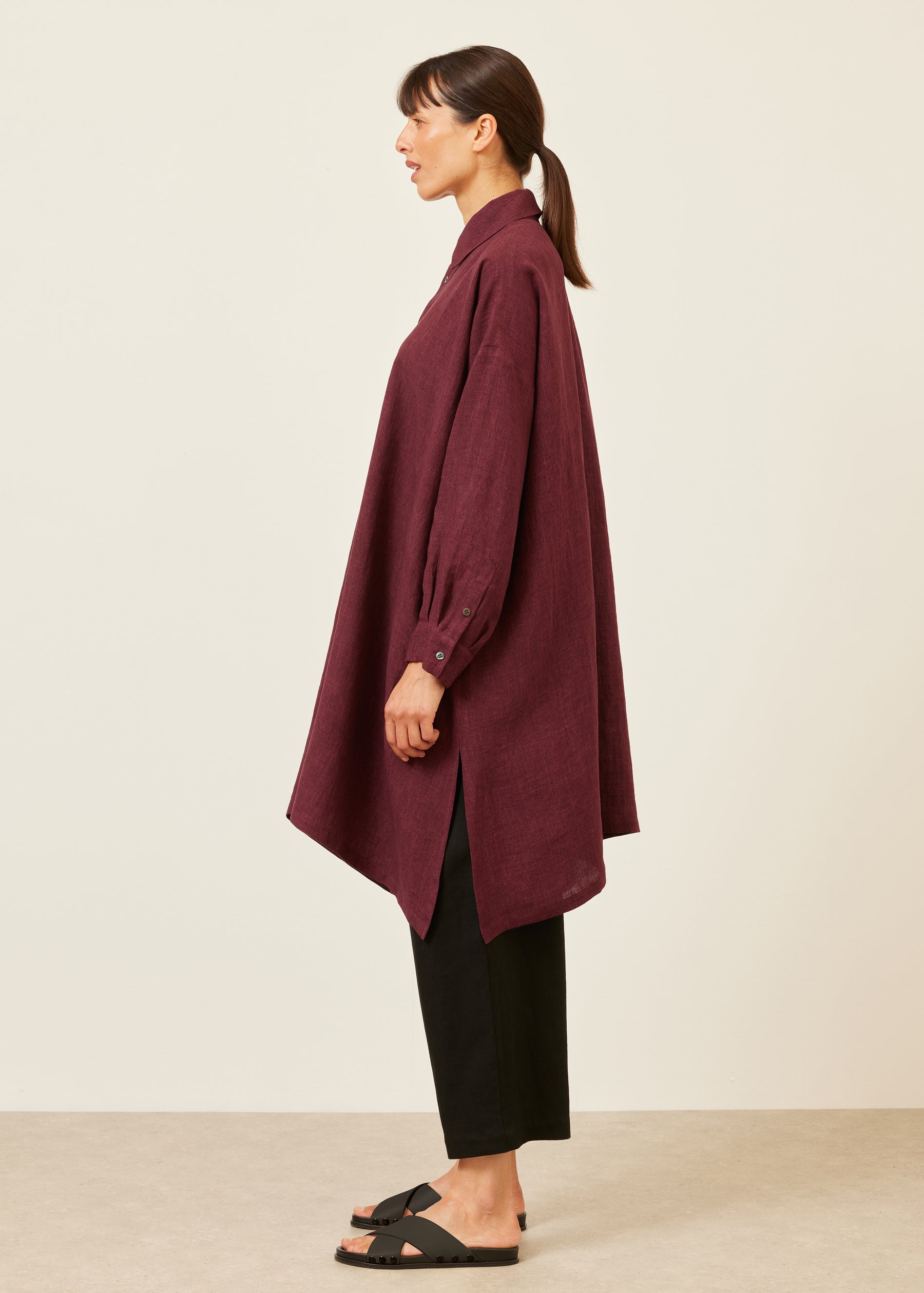 linen wide a-line shirt with collar - very long with slits