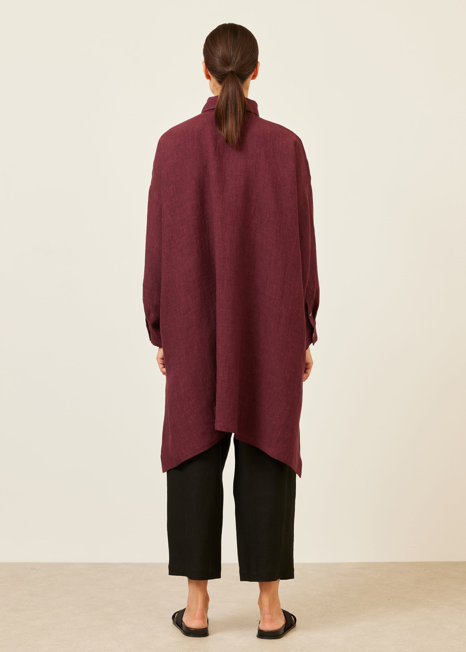 linen wide a-line shirt with collar - very long with slits