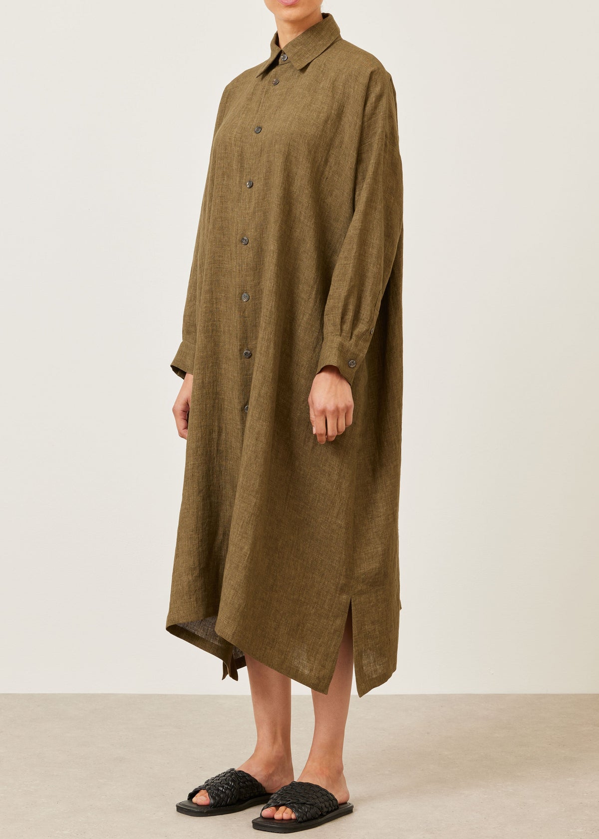 linen wide a-line shirt dress with collar