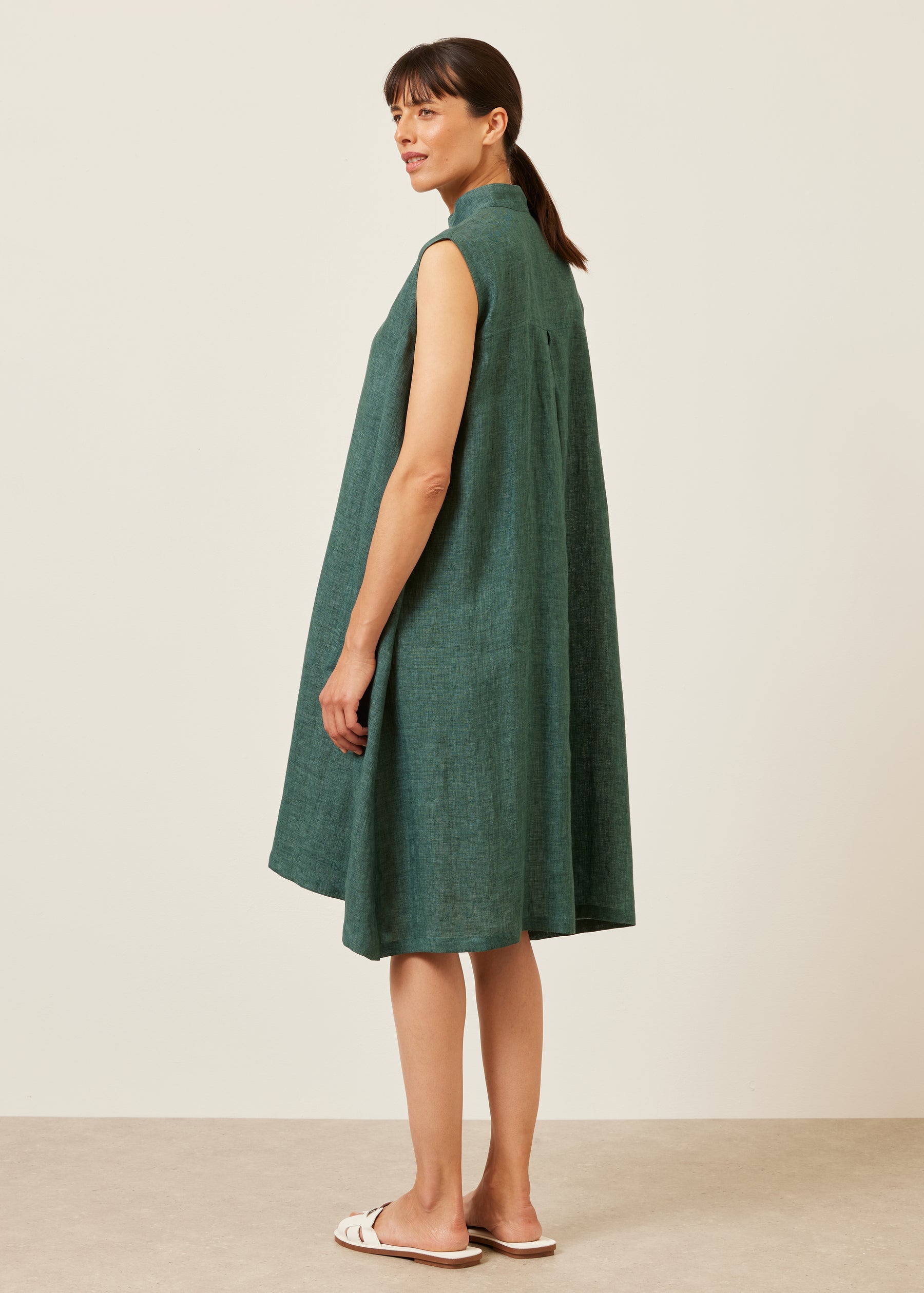 linen a-line collarless sleeveless shirt dress